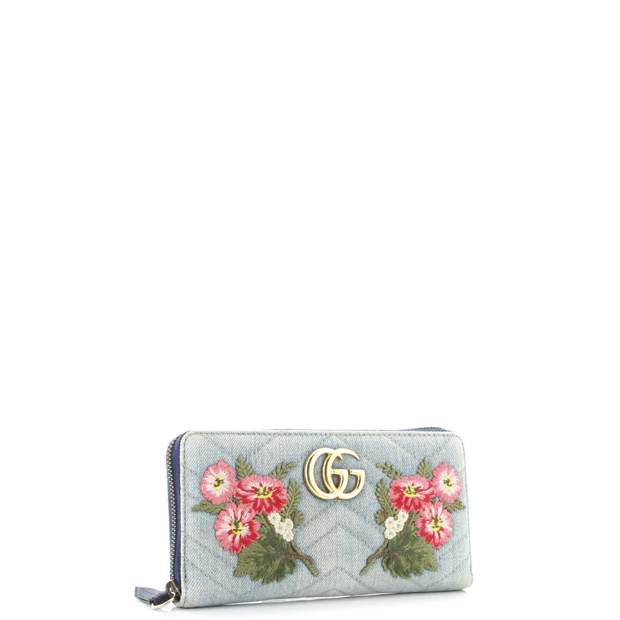 GG Marmont Zip Around Wallet Embroidered Matelasse Denim - Deep Luxury