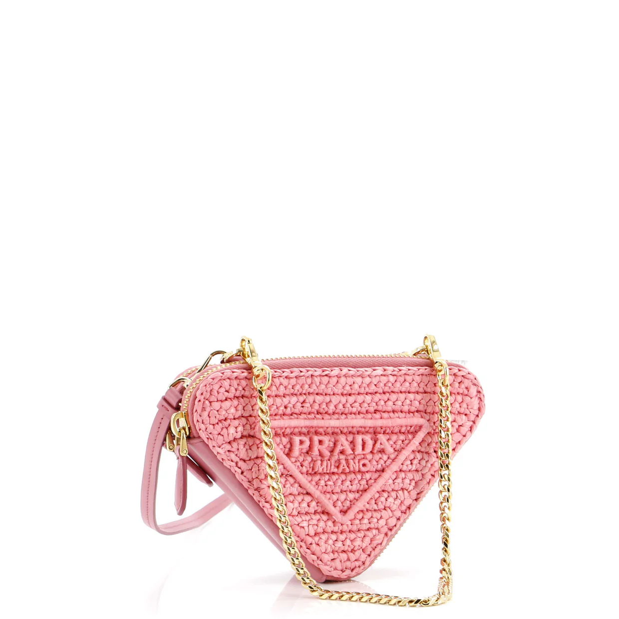 Triangle Logo Zip Around Shoulder Bag Raffia and Leather Mini - Deep Luxury