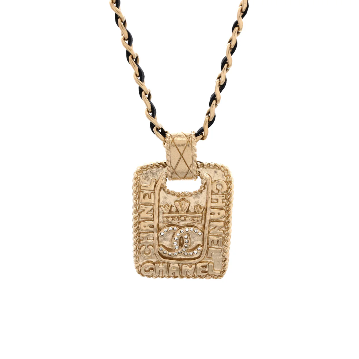 CC Logo Medallion Chain Pendant Necklace Metal with Crystals and Leather - Deep Luxury