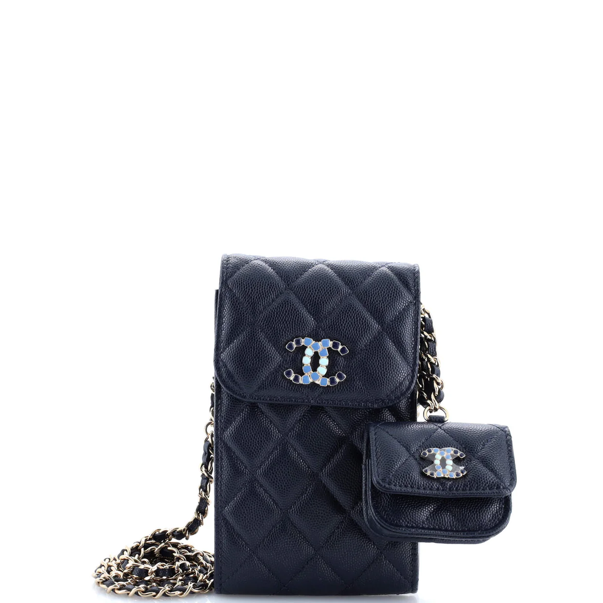 Crystal CC Flap Phone Holder Crossbody Bag with AirPods Pro Case Quilted Caviar - Deep Luxury