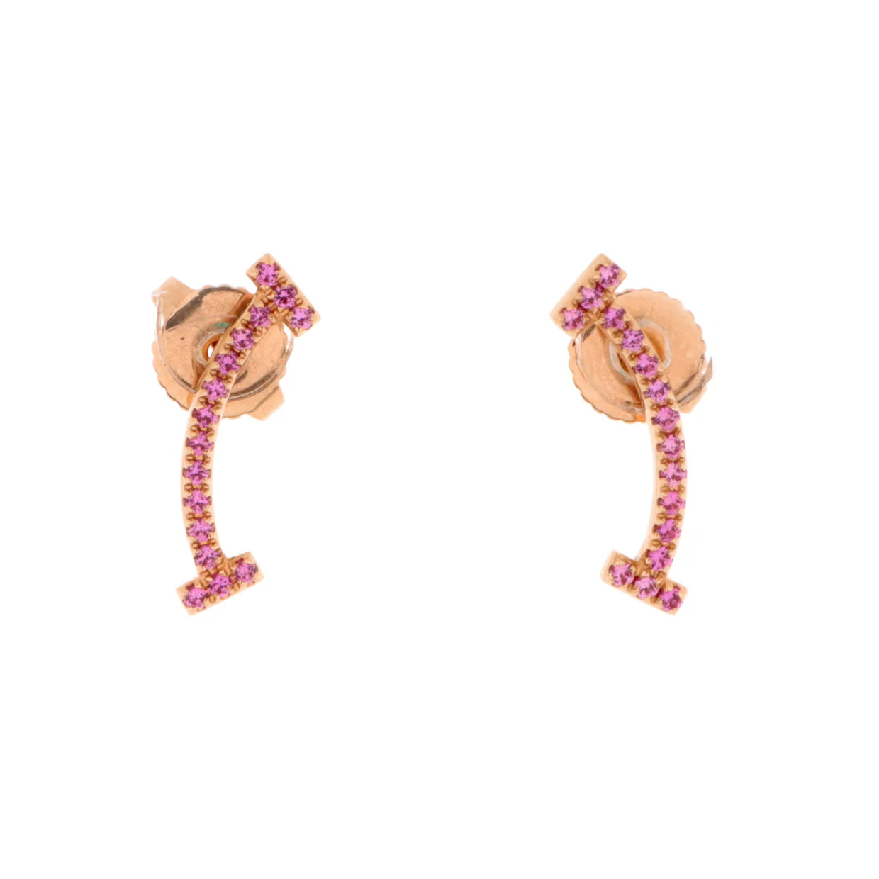 T Smile Stud Earrings 18K Rose Gold and Pink Sapphires - Deep Luxury