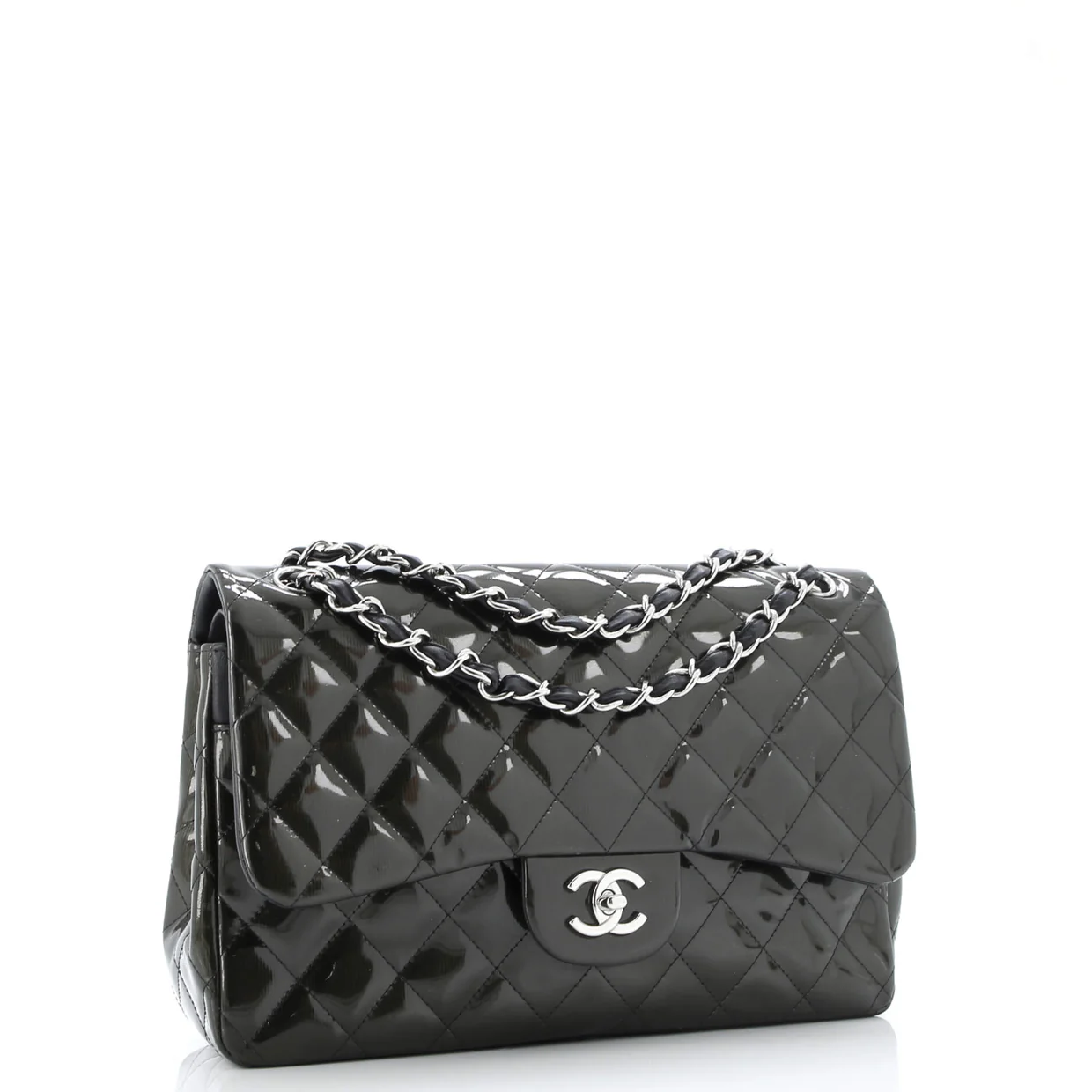 Classic Double Flap Bag Quilted Striated Metallic Patent Jumbo - Deep Luxury