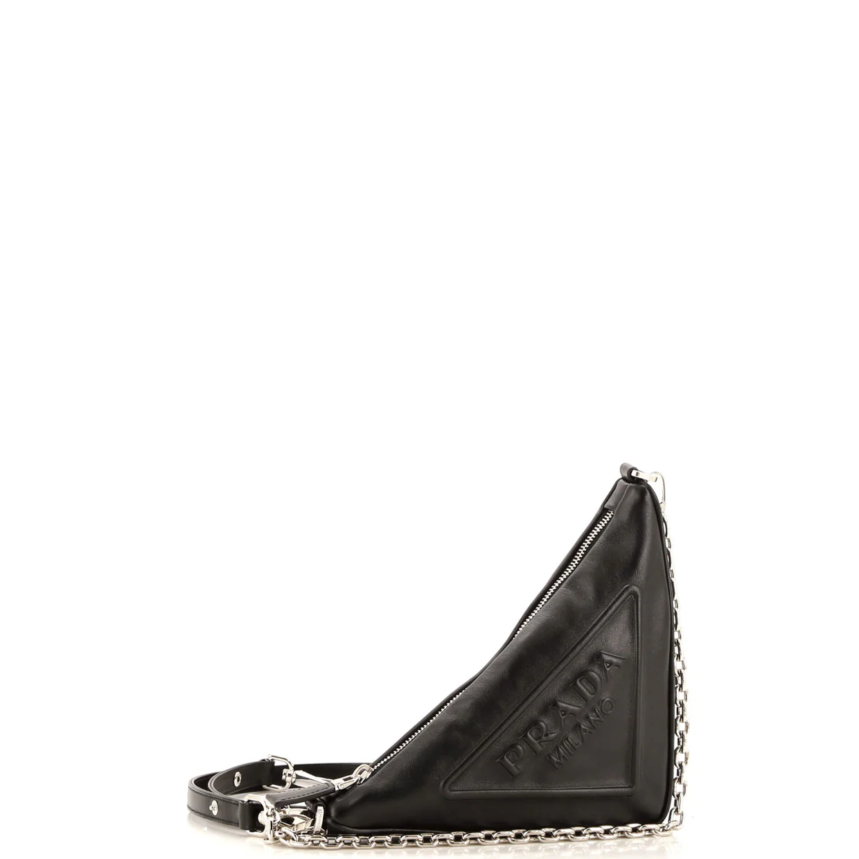 Triangle Logo Zip Chain Crossbody Bag Embossed Leather Small - Deep Luxury