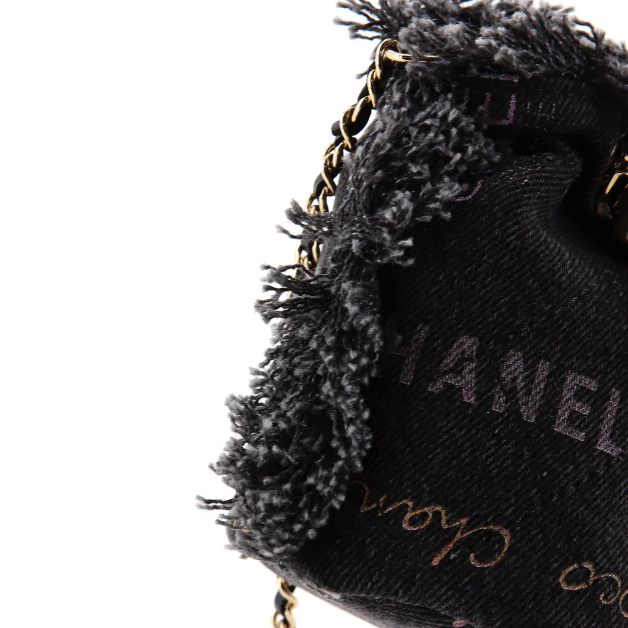 Denim Mood Chain Bucket Bag Logo Printed Quilted Fringe Denim Mini - Deep Luxury