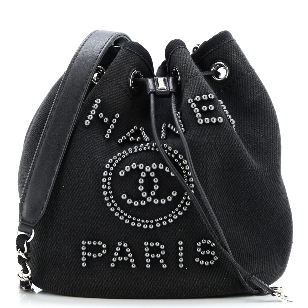 Deauville Drawstring Bucket Bag Pearl Embellished Canvas Medium - Deep Luxury