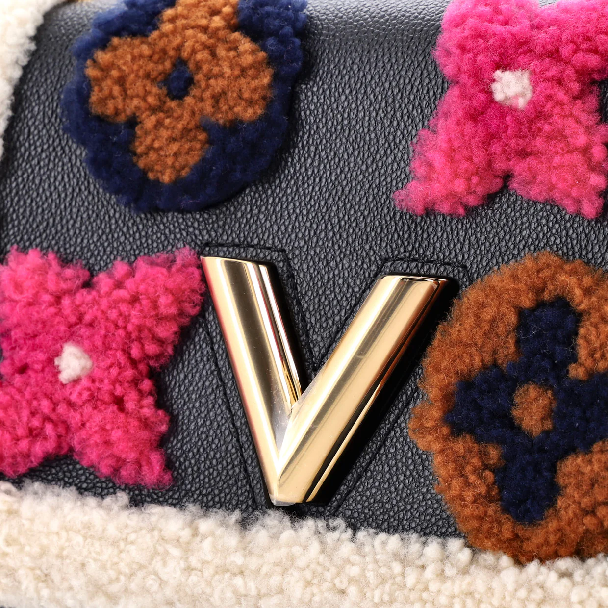 Twist Handbag Leather and Monogram Teddy Shearling MM - Deep Luxury