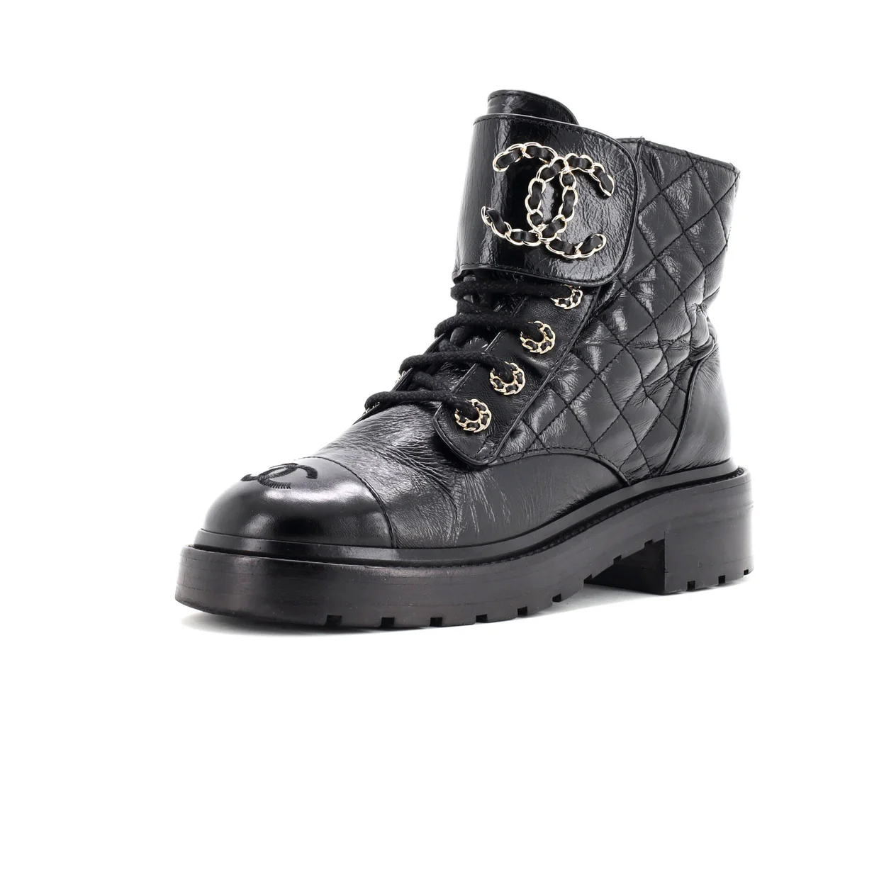 Women's Chain CC Cap Toe Lace Up Combat Boots Quilted Shiny Calfskin - Deep Luxury