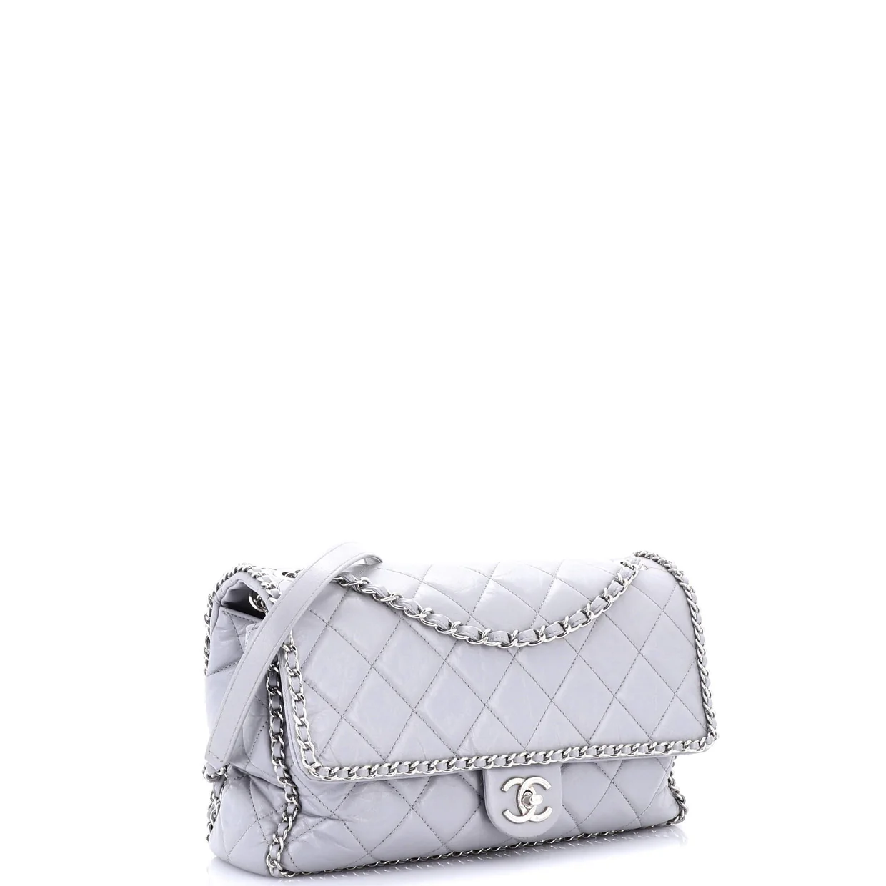 Running Chain Around Flap Bag Quilted Crumpled Calfskin Large - Deep Luxury