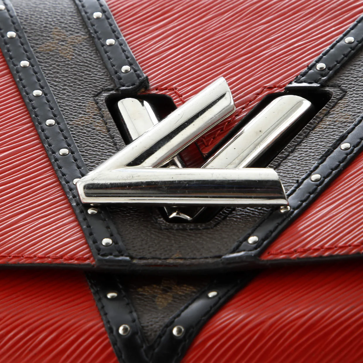 Twist Handbag Epi Leather with Monogram Canvas and Studded Leather MM - Deep Luxury