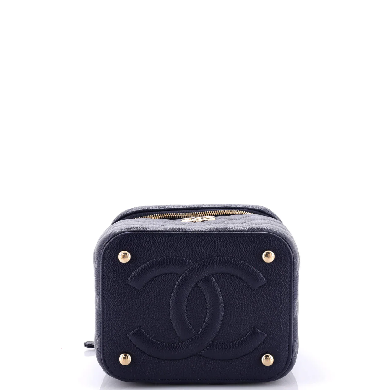 CC Top Handle Vanity Case with Chain Quilted Caviar Small - Deep Luxury