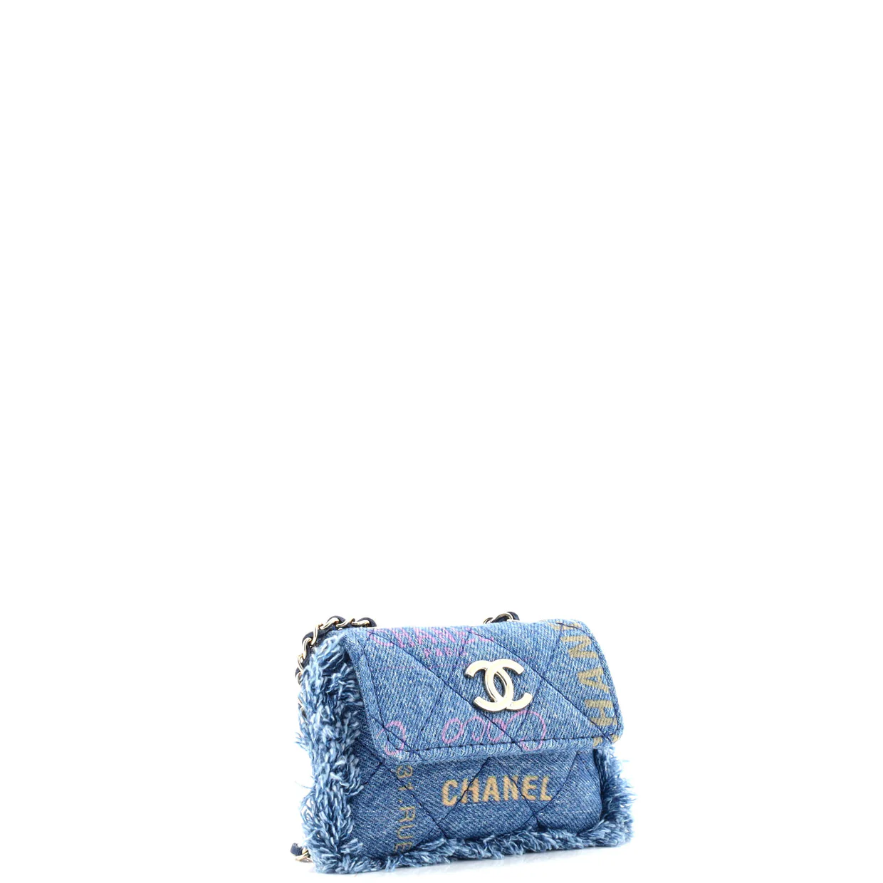 Denim Mood Flap Clutch with Chain Logo Printed Quilted Fringe Denim - Deep Luxury