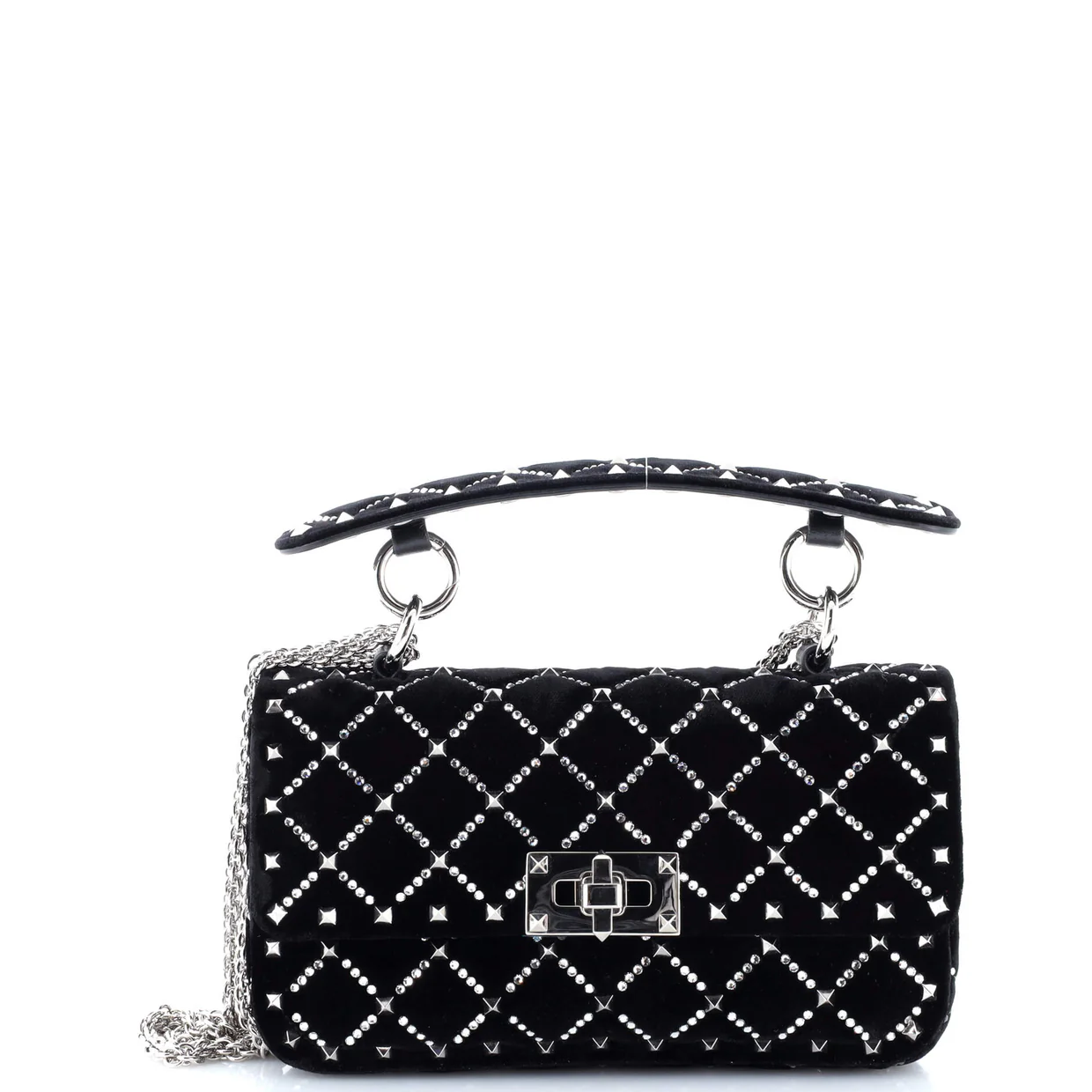 Rockstud Spike Flap Bag Crystal Embellished Quilted Velvet Small - Deep Luxury