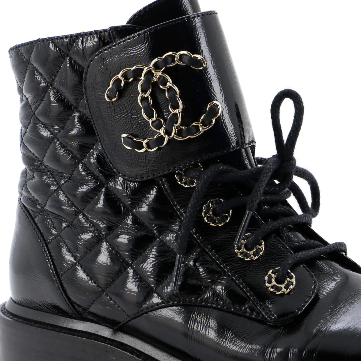 Women's Chain CC Cap Toe Lace Up Combat Boots Quilted Shiny Calfskin - Deep Luxury