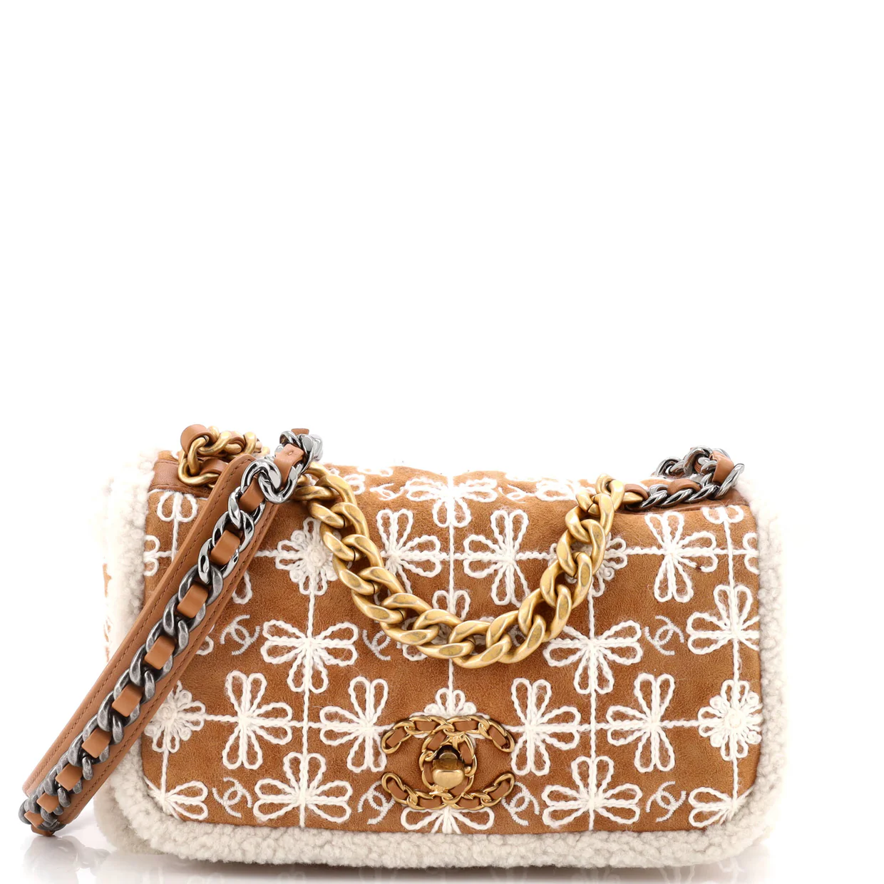 19 Flap Bag Embroidered Suede with Shearling Medium - Deep Luxury