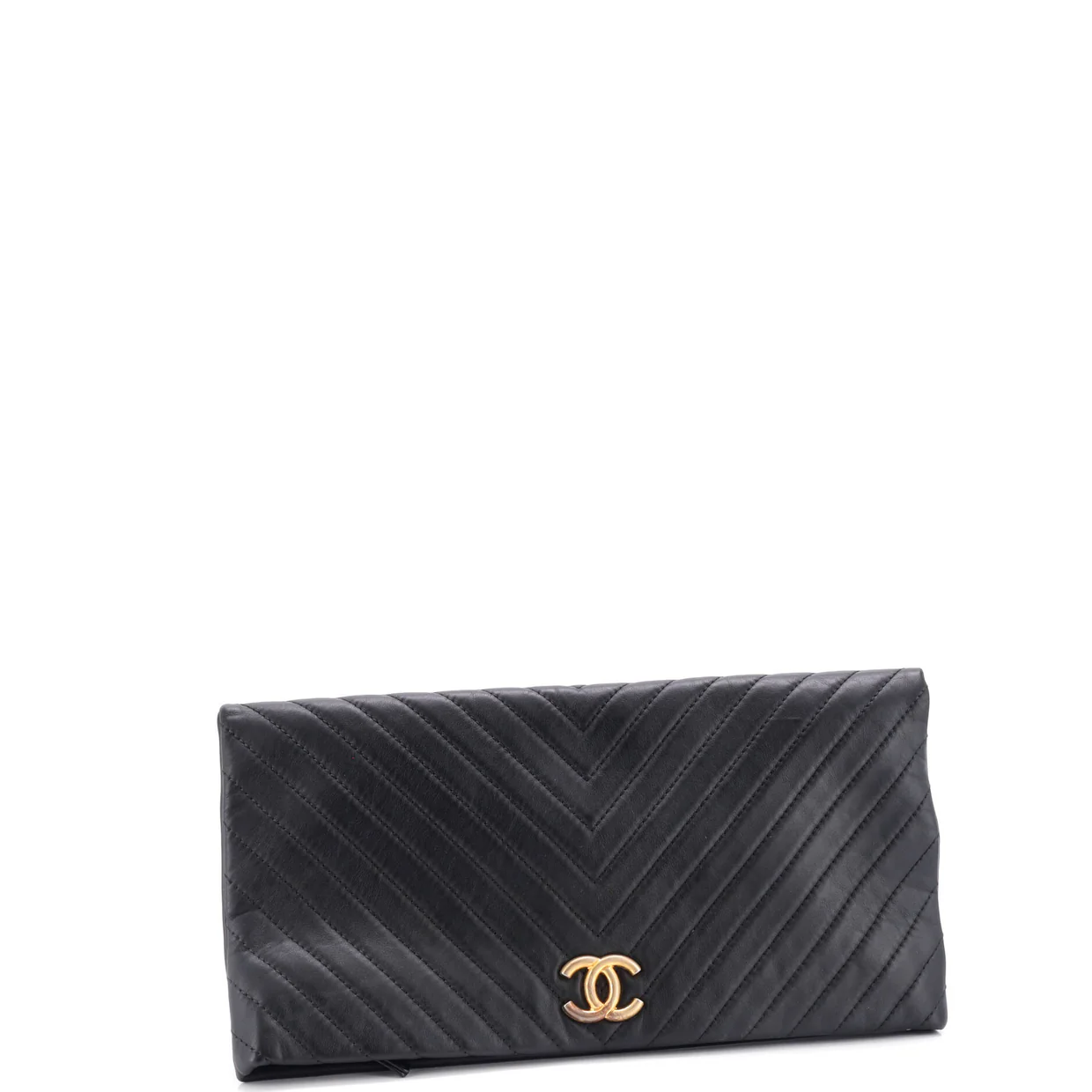 CC Foldover Clutch Chevron Lambskin Large - Deep Luxury