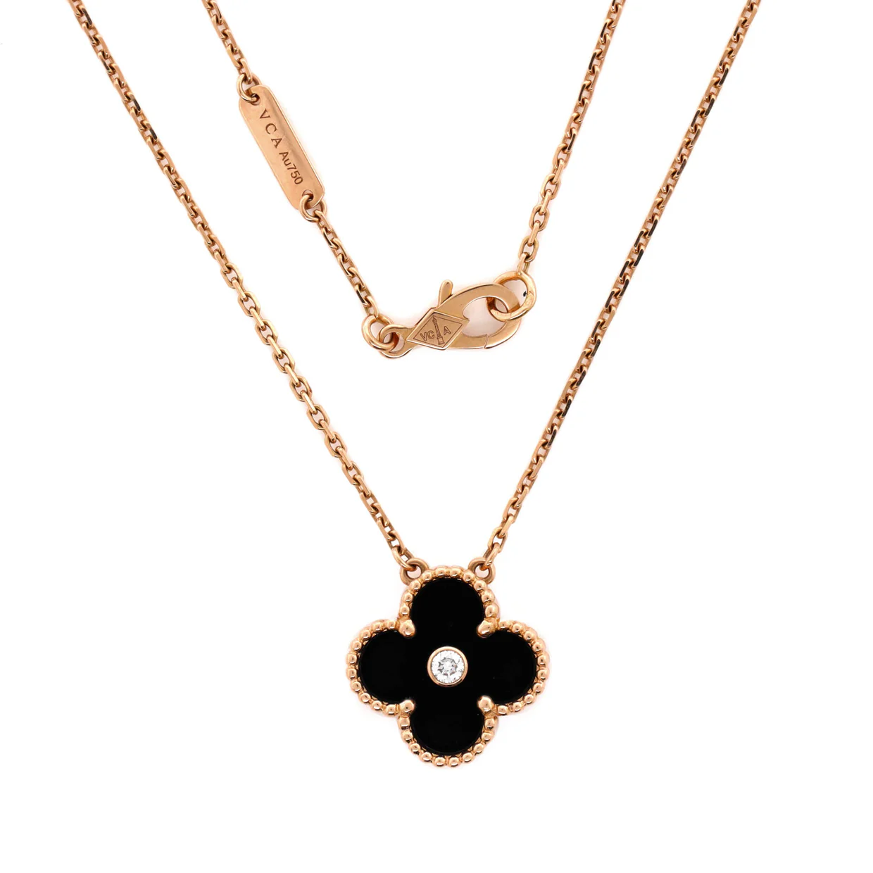 Vintage Alhambra Pendant Necklace 18K Rose Gold and Onyx with Diamond - Deep Luxury