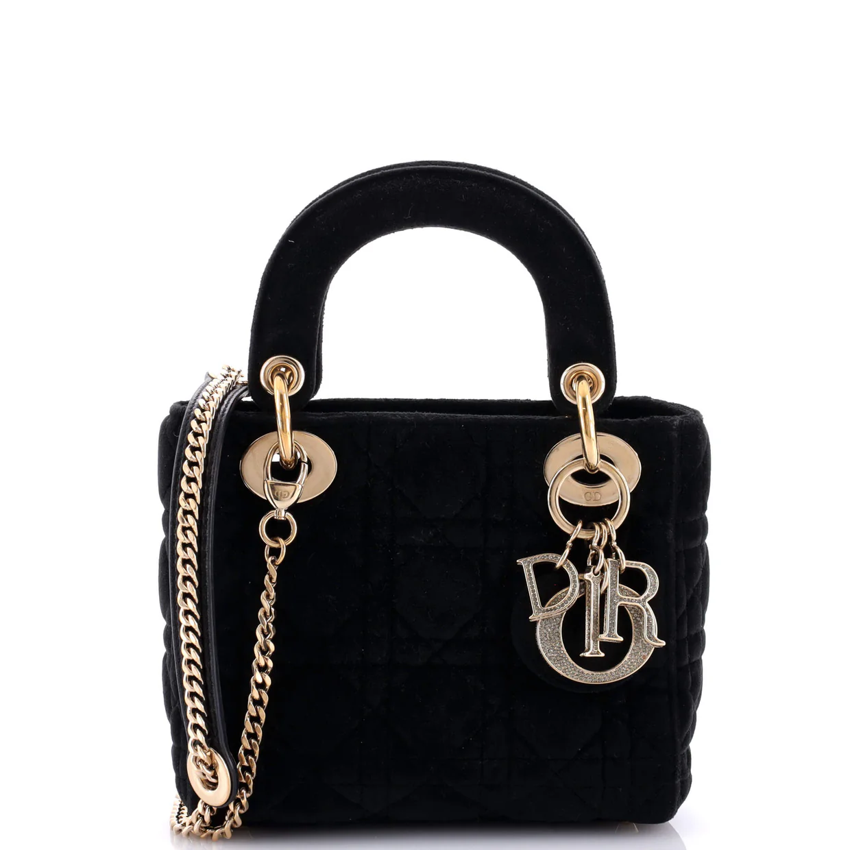 Lady Dior Chain Bag Cannage Quilt Velvet with Crystal Charms Mini - Deep Luxury