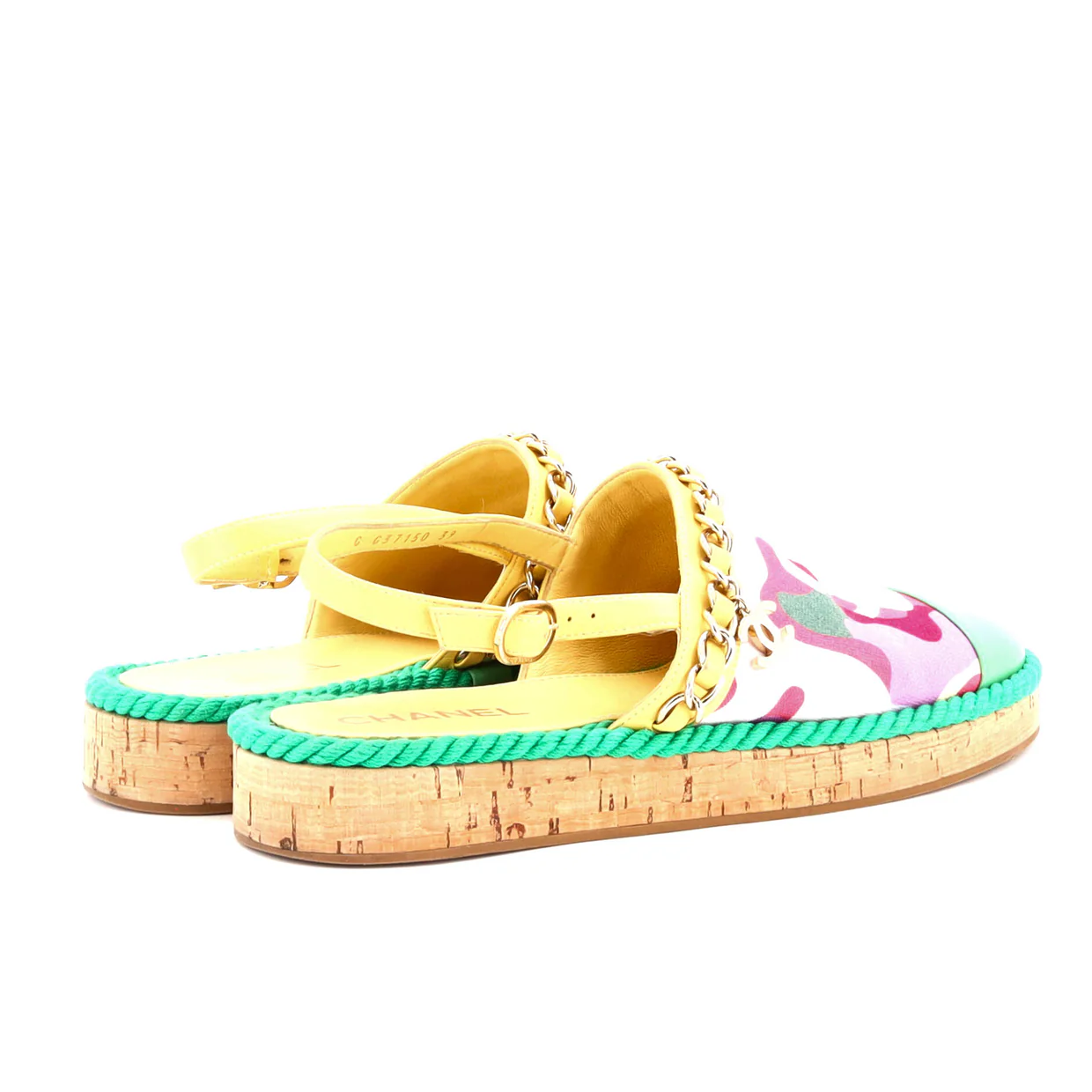 Women's Cap Toe CC Chain Slingback Mules Printed Cotton and Leather with Cork - Deep Luxury