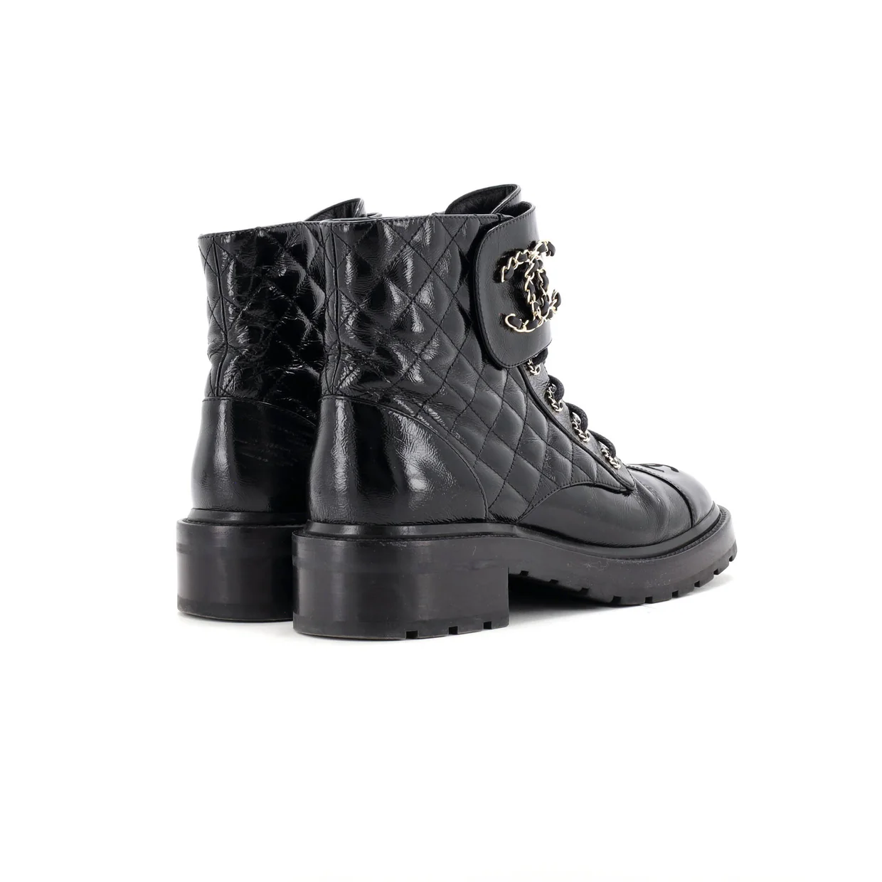 Women's Chain CC Cap Toe Lace Up Combat Boots Quilted Shiny Calfskin - Deep Luxury