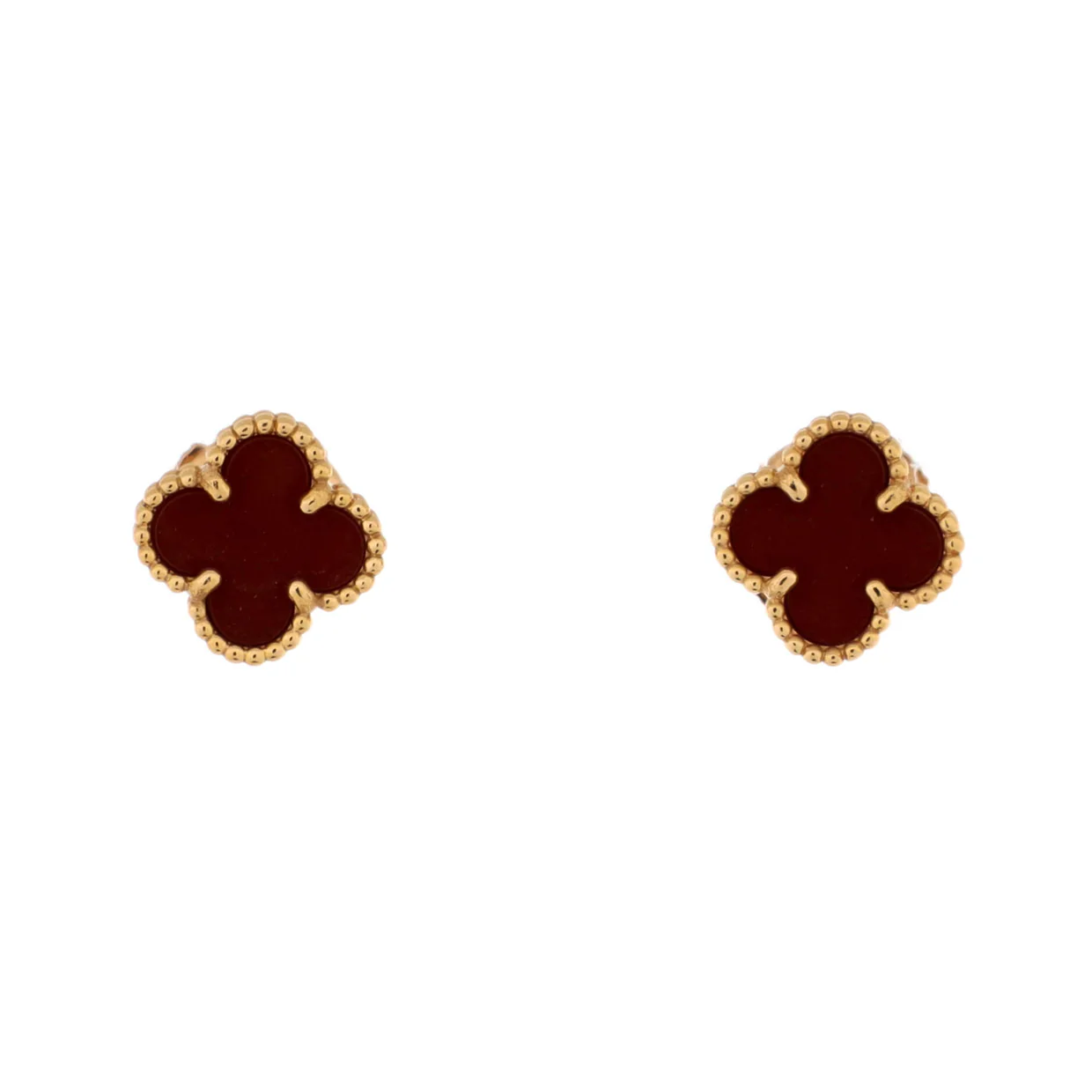 Sweet Alhambra Stud Earrings 18K Yellow Gold and Carnelian - Deep Luxury