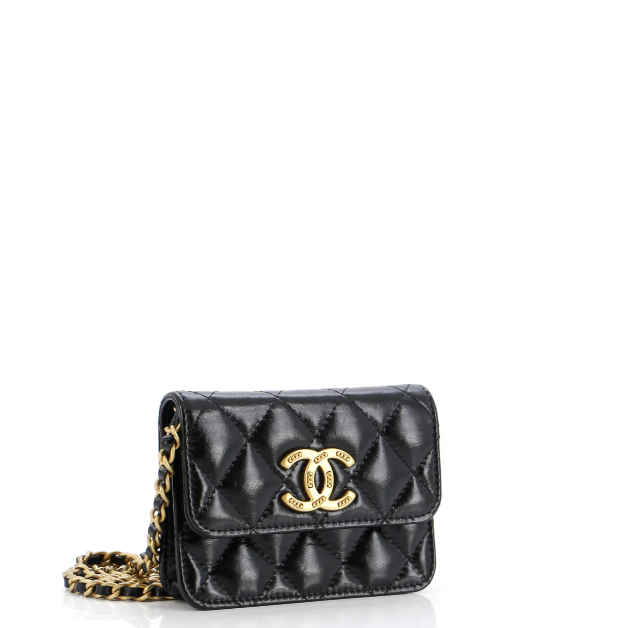 Textured CC Card Holder on Chain Quilted Shiny Calfskin - Deep Luxury