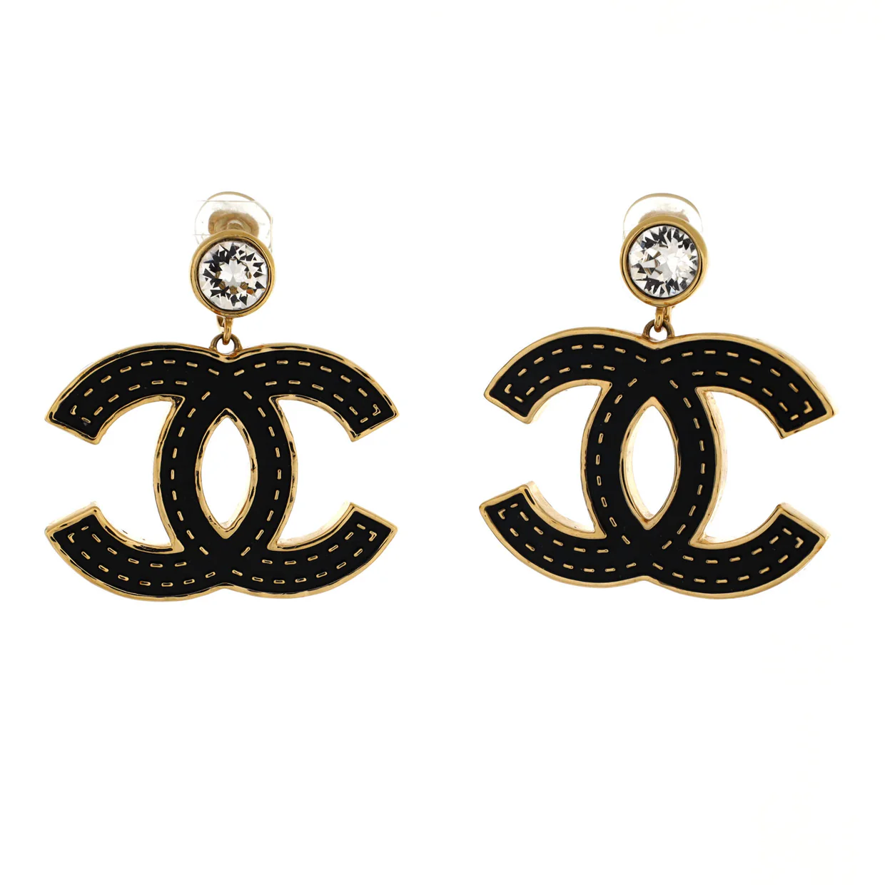 CC Drop Clip-On Earrings Metal with Crystals and Leather - Deep Luxury