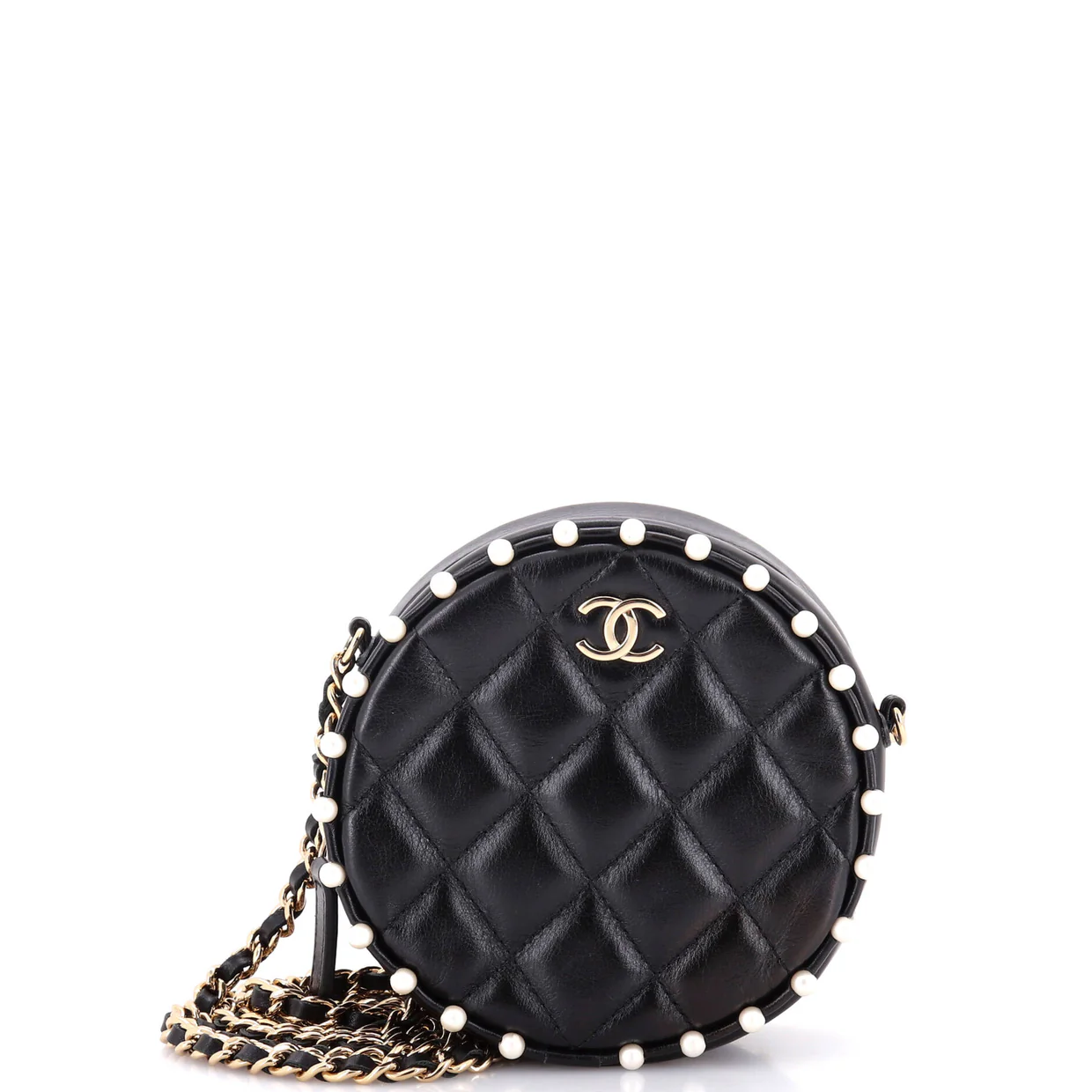 Round Clutch with Chain Quilted Calfskin with Pearl Detail - Deep Luxury