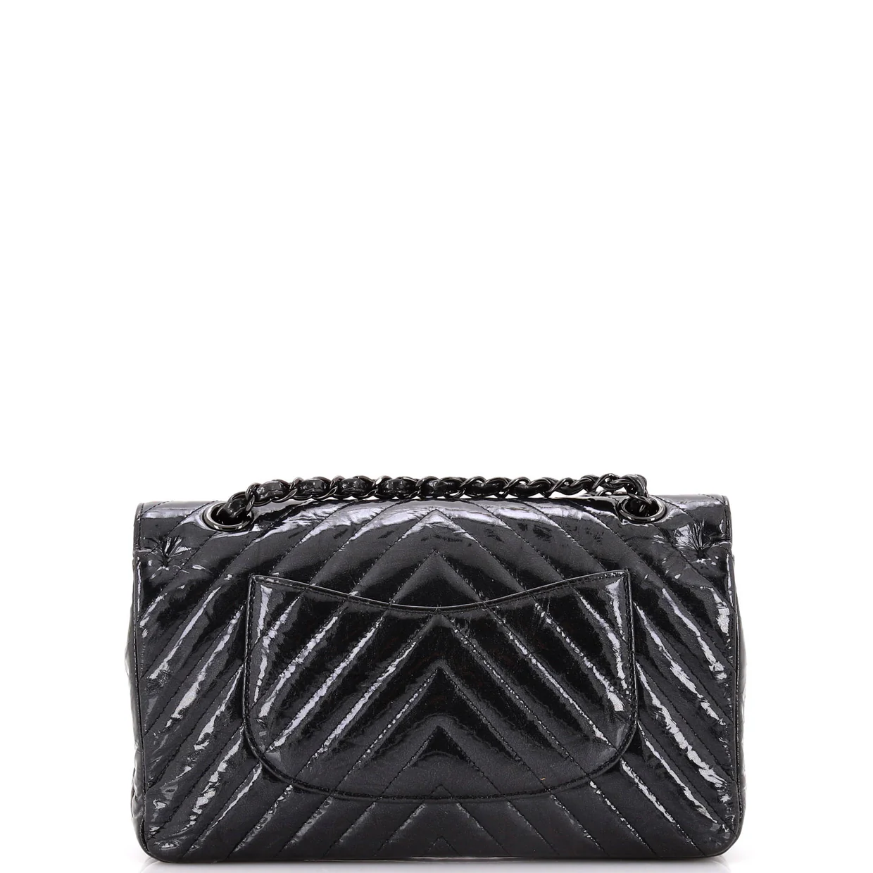 So Black Classic Double Flap Bag Chevron Crinkled Patent Medium - Deep Luxury
