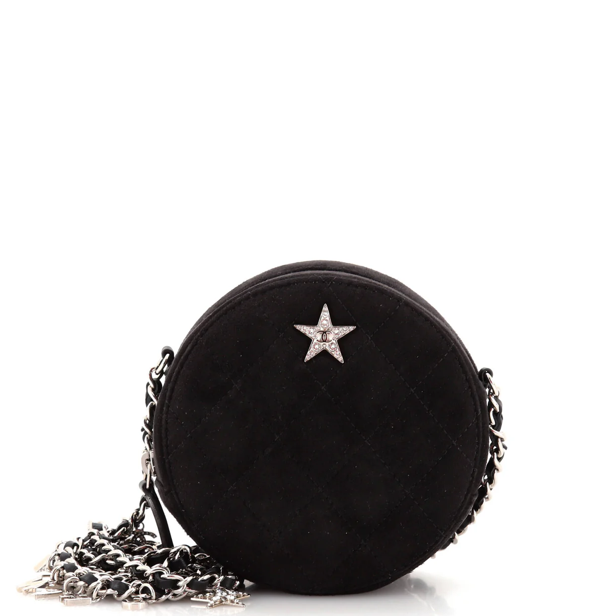 Star Round Clutch with Chain Quilted Suede with Crystal Embellished Charms - Deep Luxury