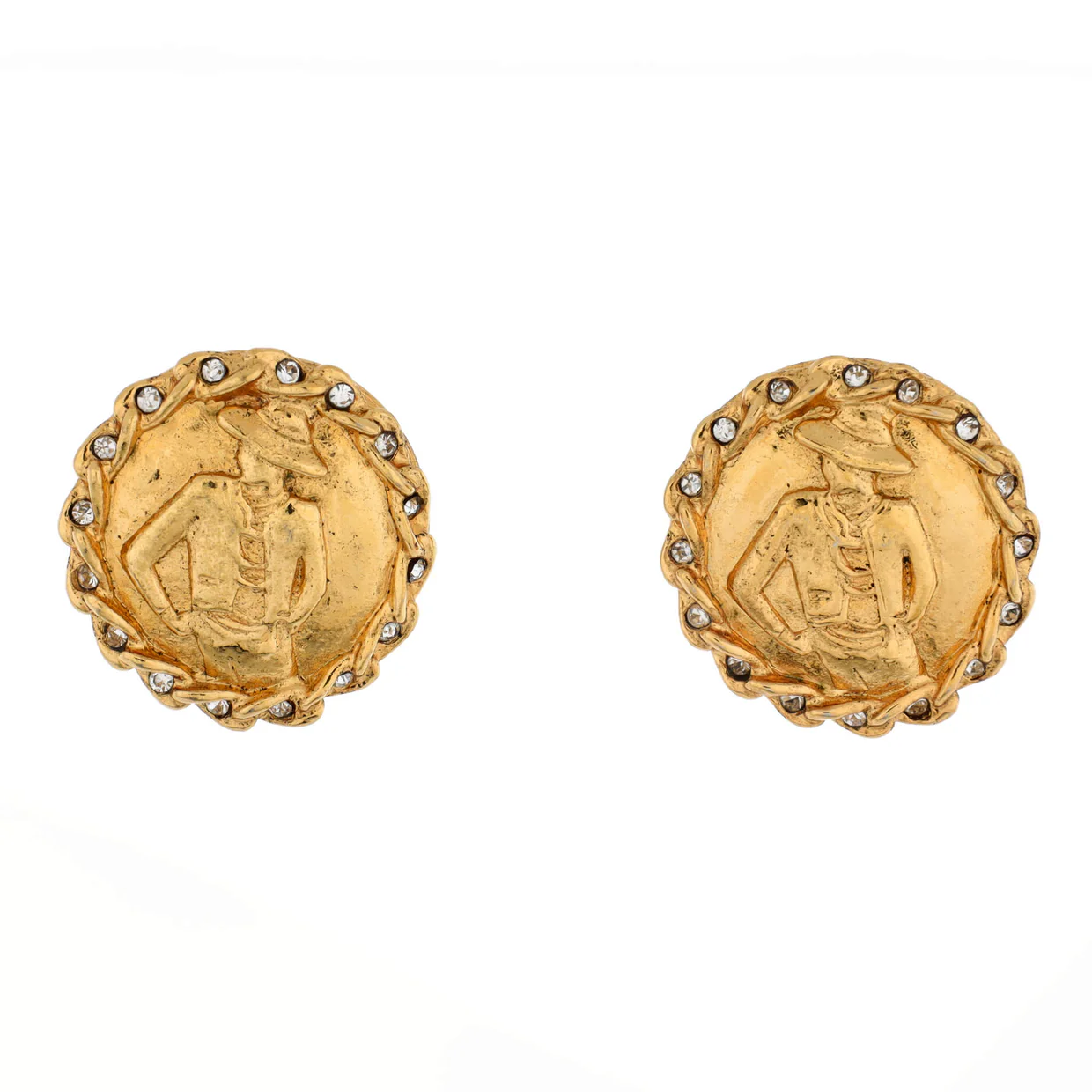 Vintage Coco Mademoiselle Round Clip-On Earrings Metal with Crystals - Deep Luxury