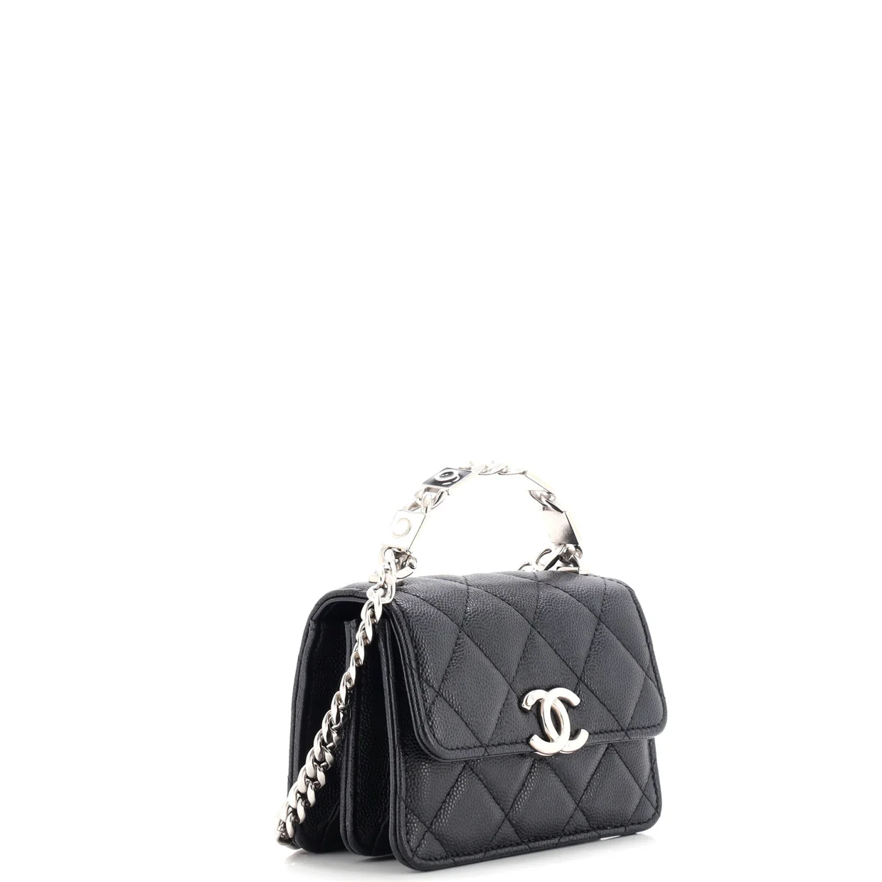 Coco Enamel Top Handle Flap Clutch with Chain Quilted Caviar - Deep Luxury