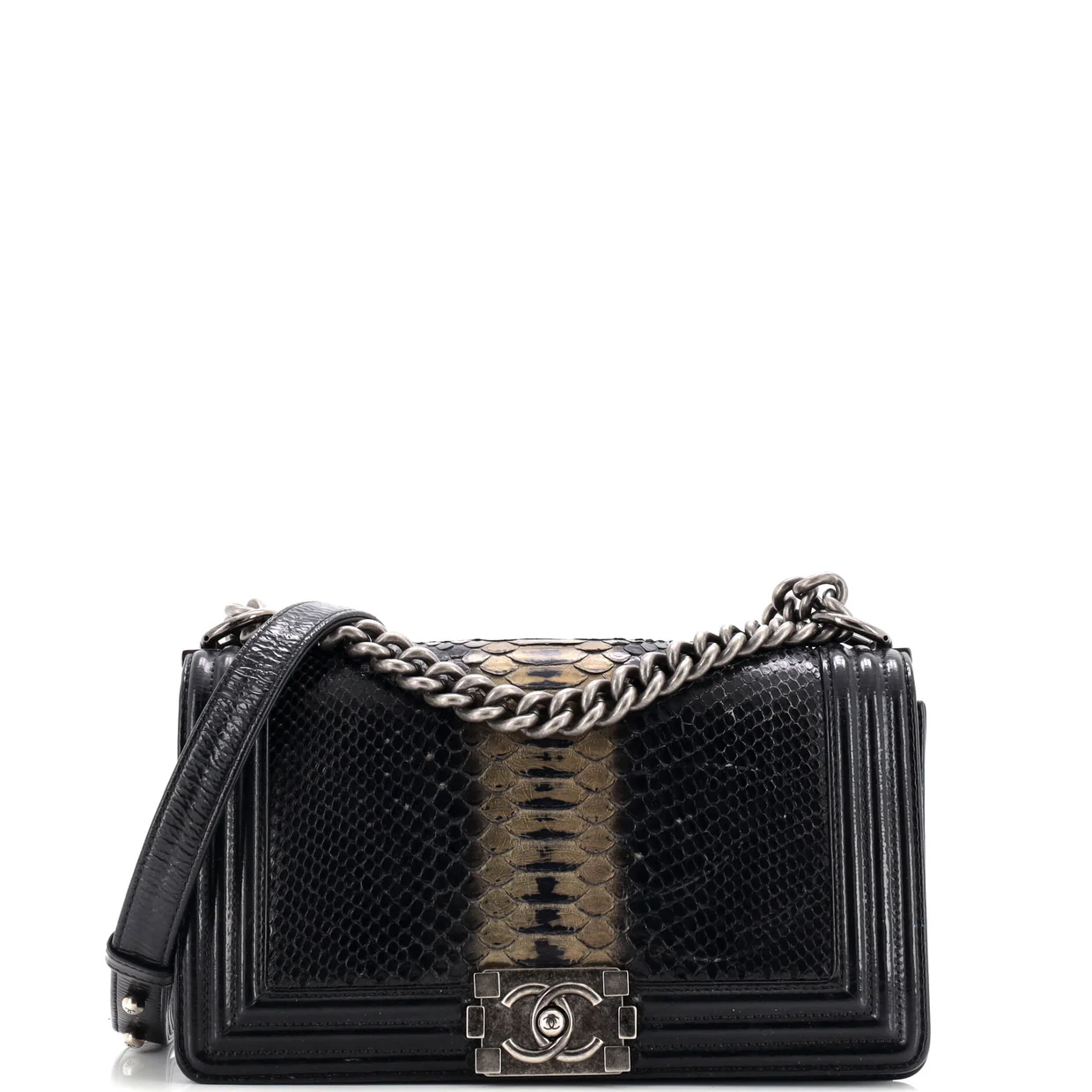 Boy Flap Bag Python and Patent Old Medium - Deep Luxury
