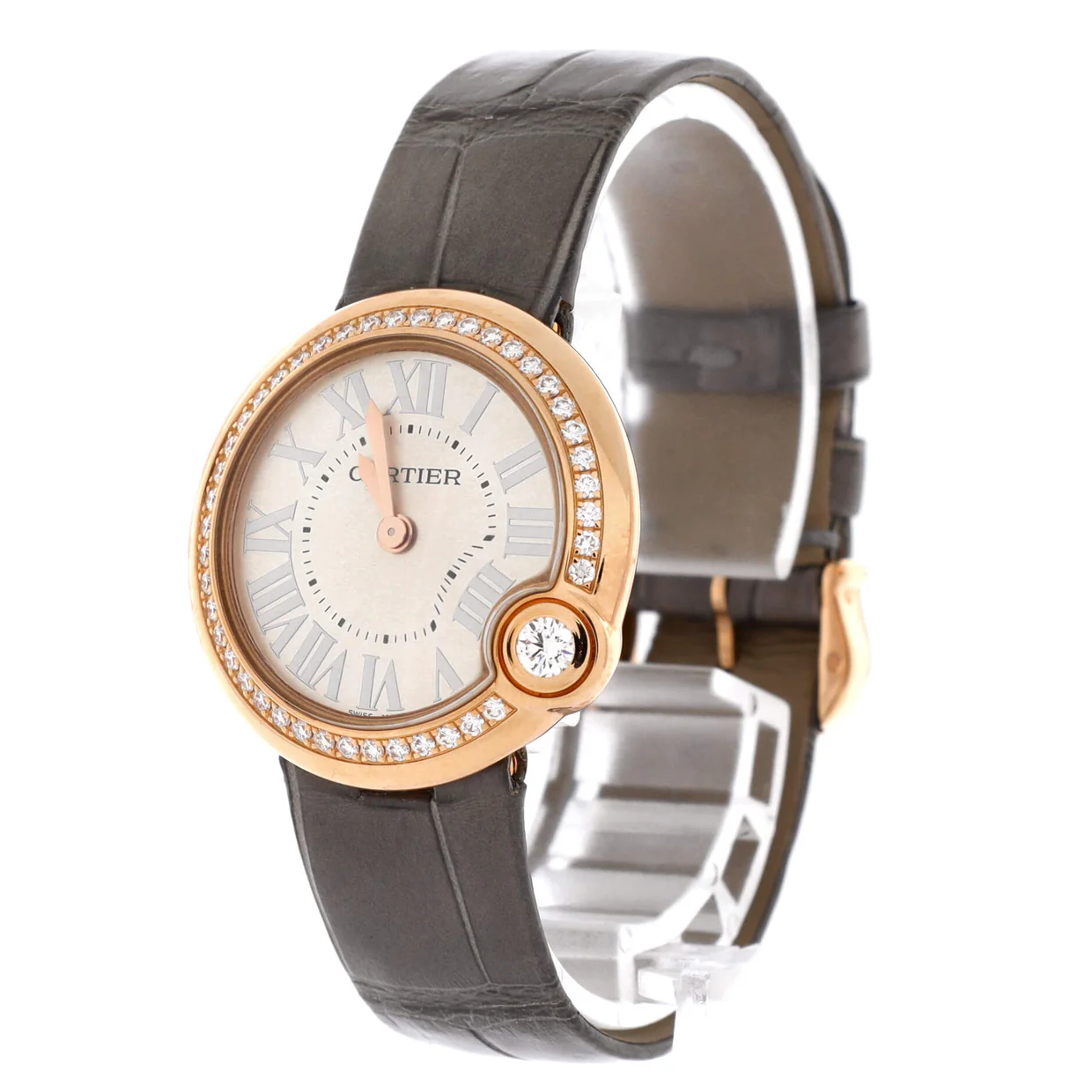 Ballon Blanc de Cartier Quartz Watch Rose Gold with Diamond Bezel and Alligator 30 - Deep Luxury