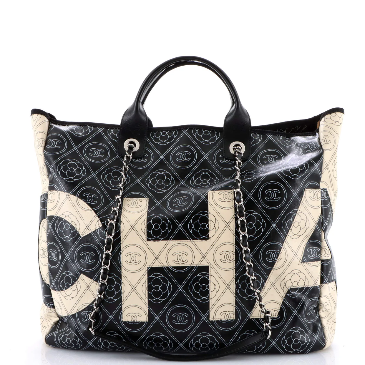 Logo Camellia Shopping Tote Printed Coated Canvas Medium - Deep Luxury