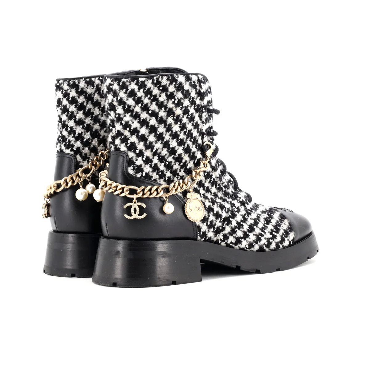 Women's Chain CC Cap Toe Lace Up Combat Boots Tweed and Leather - Deep Luxury