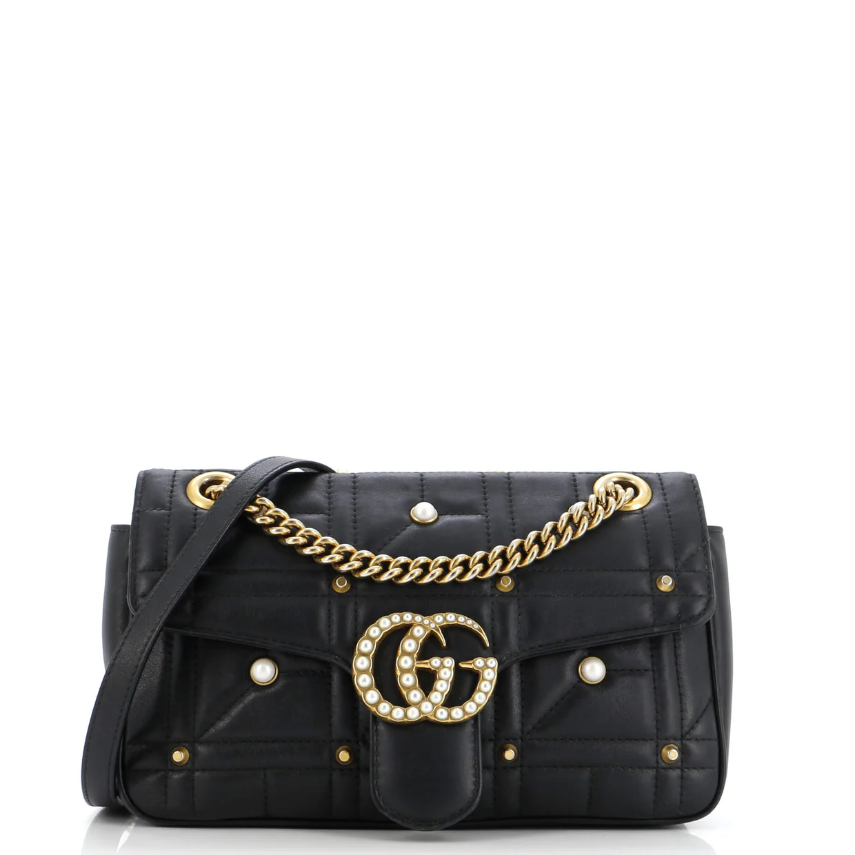 Pearly GG Marmont Flap Bag Embellished Matelasse Leather Small - Deep Luxury