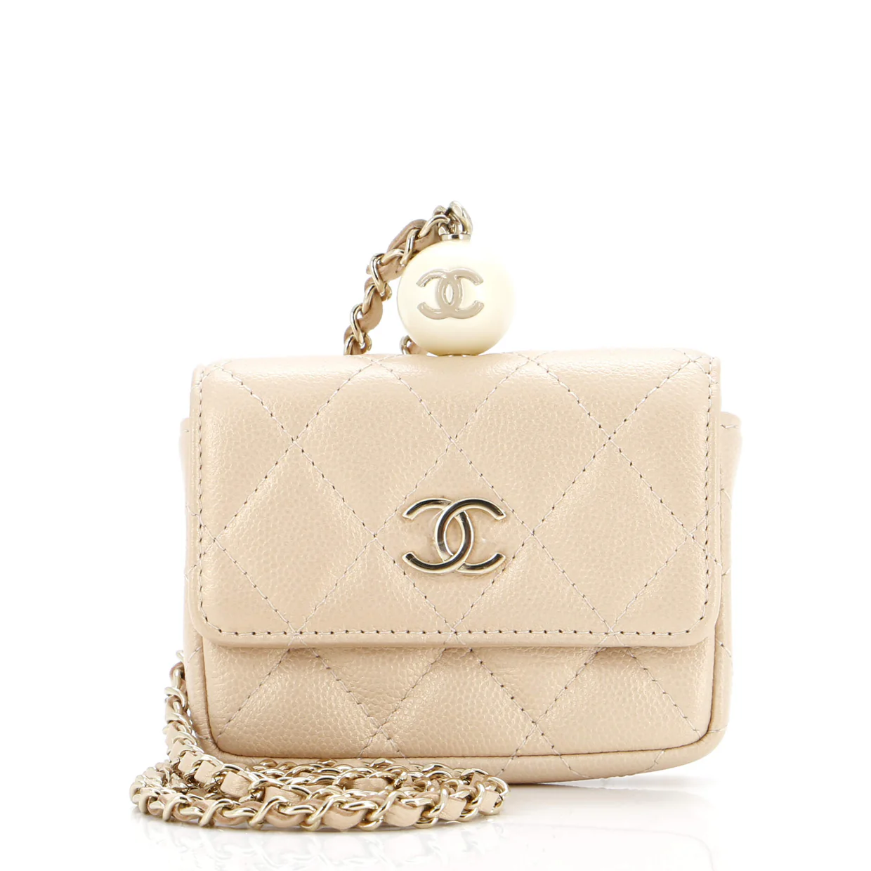 CC Pearl Coin Card Holder with Chain Quilted Caviar - Deep Luxury
