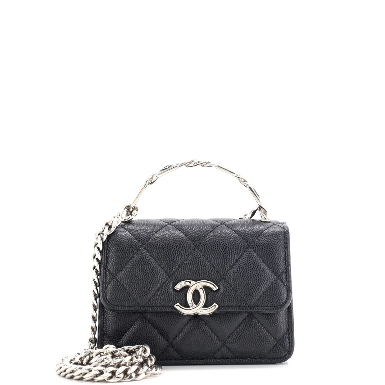 Coco Enamel Top Handle Flap Clutch with Chain Quilted Caviar - Deep Luxury