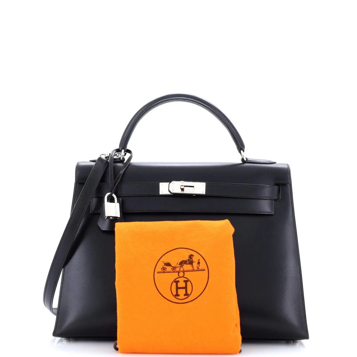 Kelly Handbag Noir Box Calf with Palladium Hardware 32 - Deep Luxury