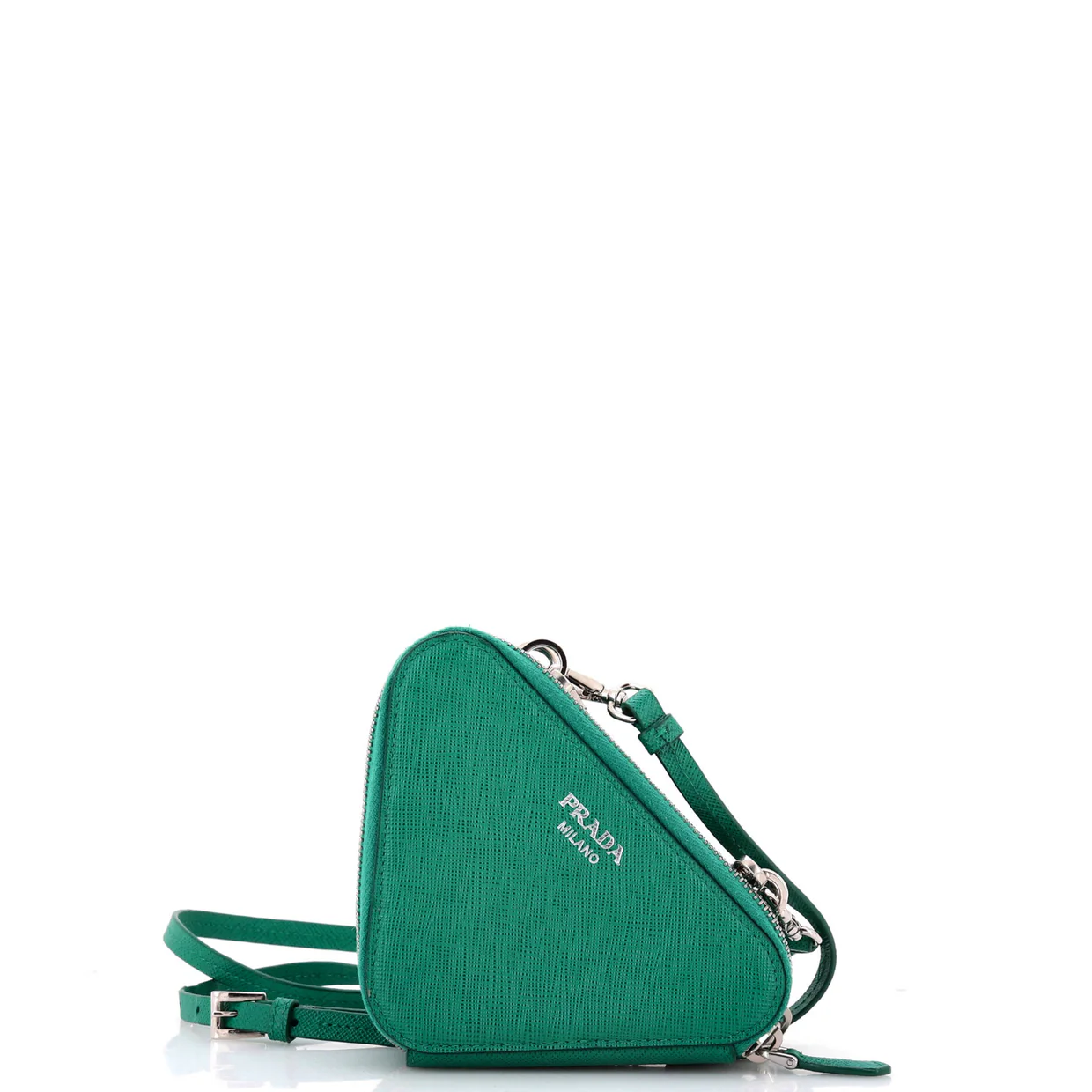 Triangle Double Zip Pouch Bag with Chain Saffiano Leather Mini - Deep Luxury