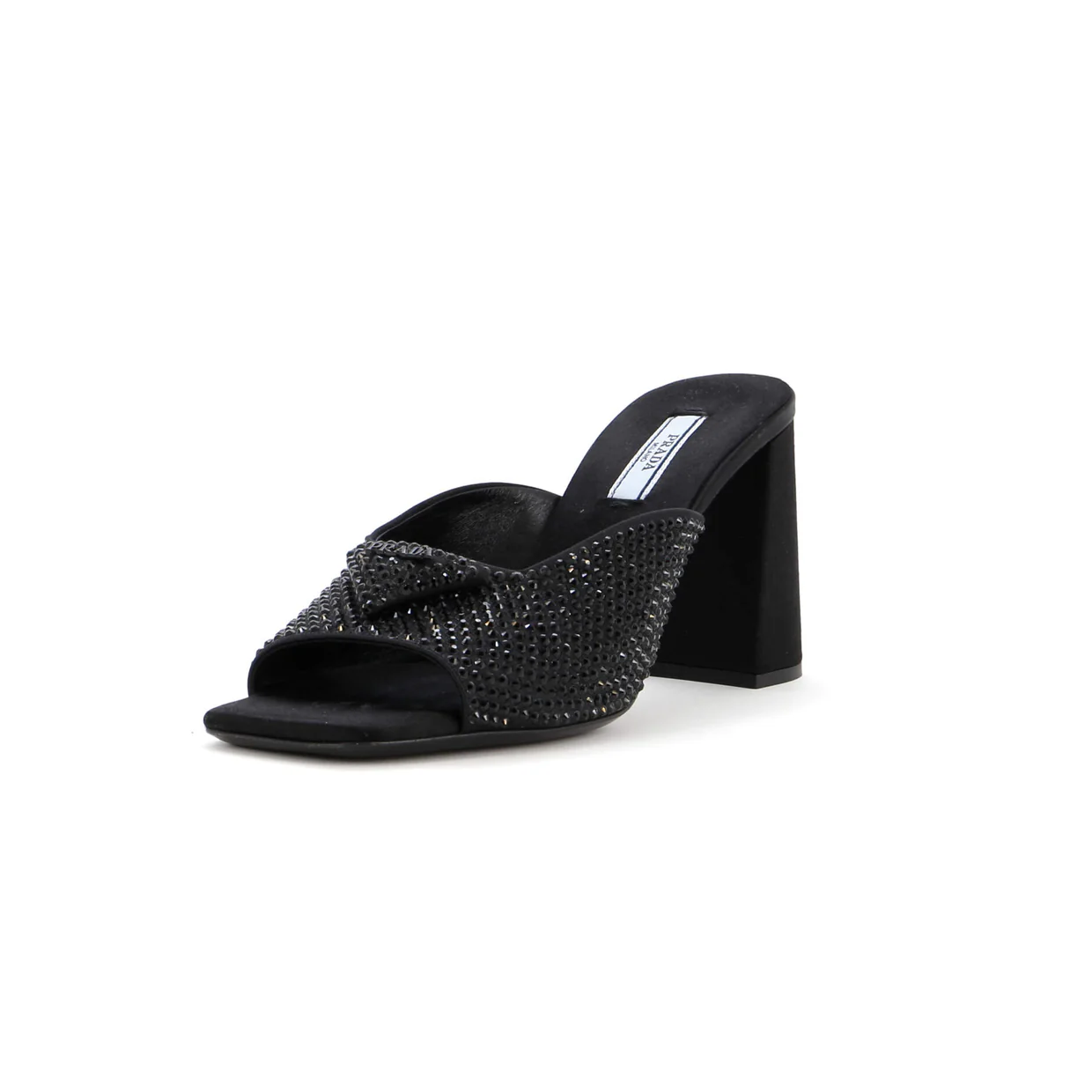 Women's Triangle Logo Heeled Mule Sandals Crystal Embellished Satin - Deep Luxury