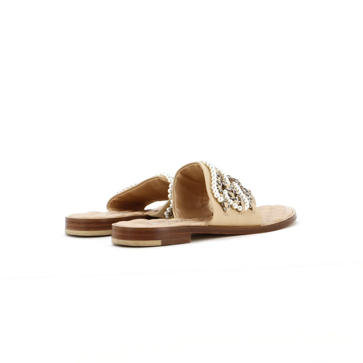 Women's Pearl Chain Slipper Sandals Leather with Metal and Faux Pearls - Deep Luxury