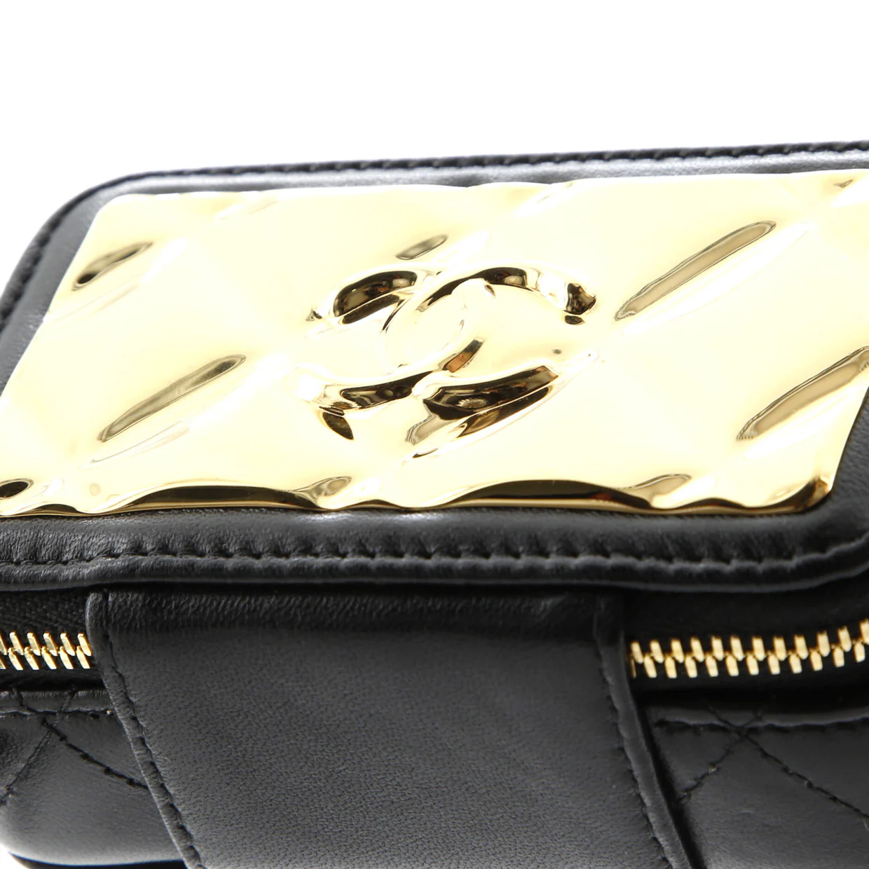 Golden Plate Zip Around Vanity Case with Chain Quilted Metal and Lambskin Extra Mini - Deep Luxury