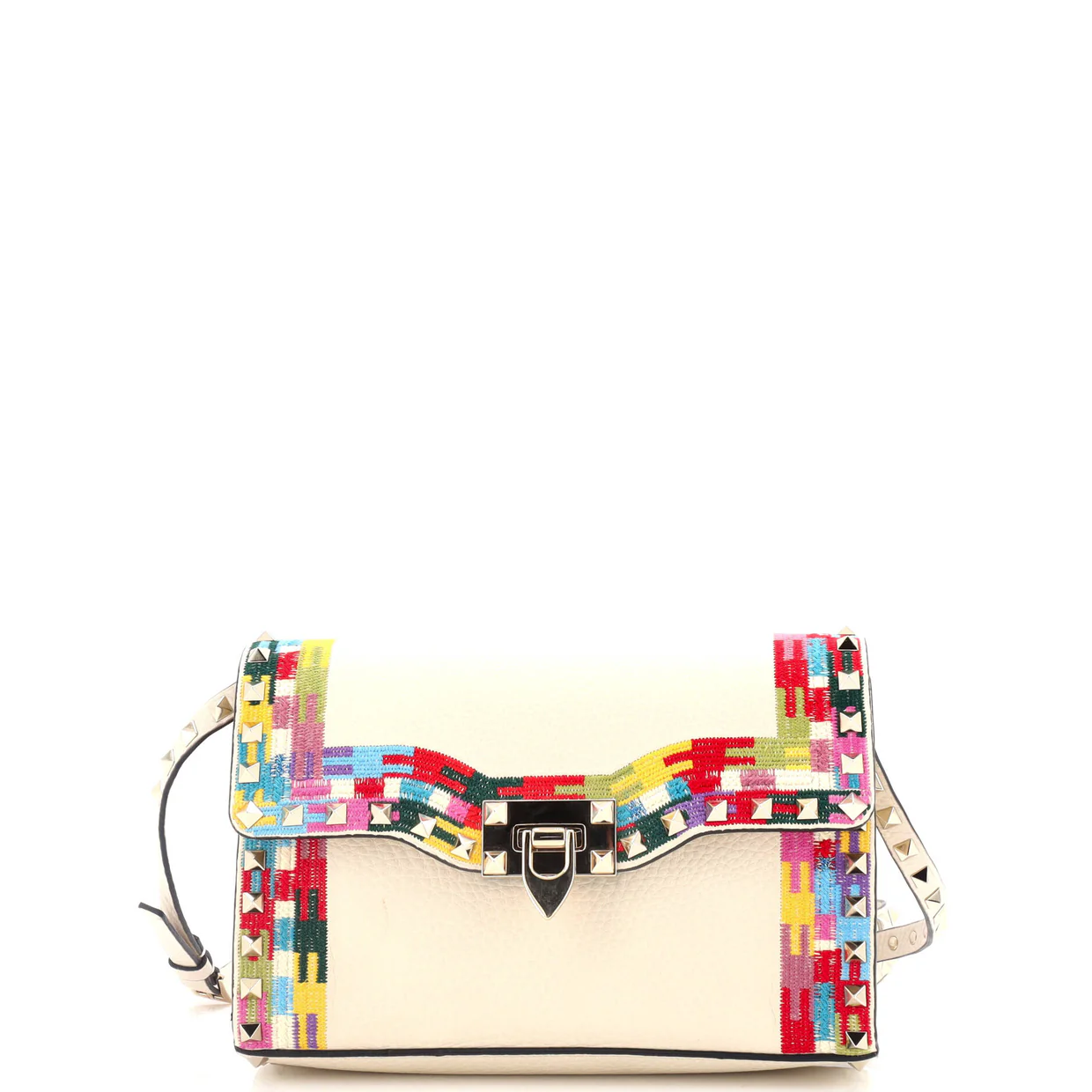 Rockstud Flip Lock Flap Bag Embroidered Leather Small - Deep Luxury