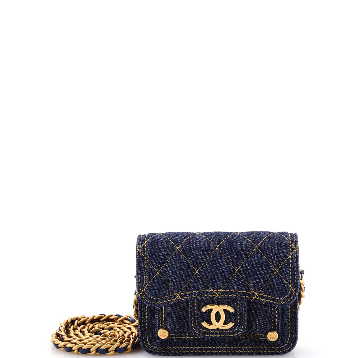 Double You CC Flap Clutch with Chain Quilted Denim - Deep Luxury