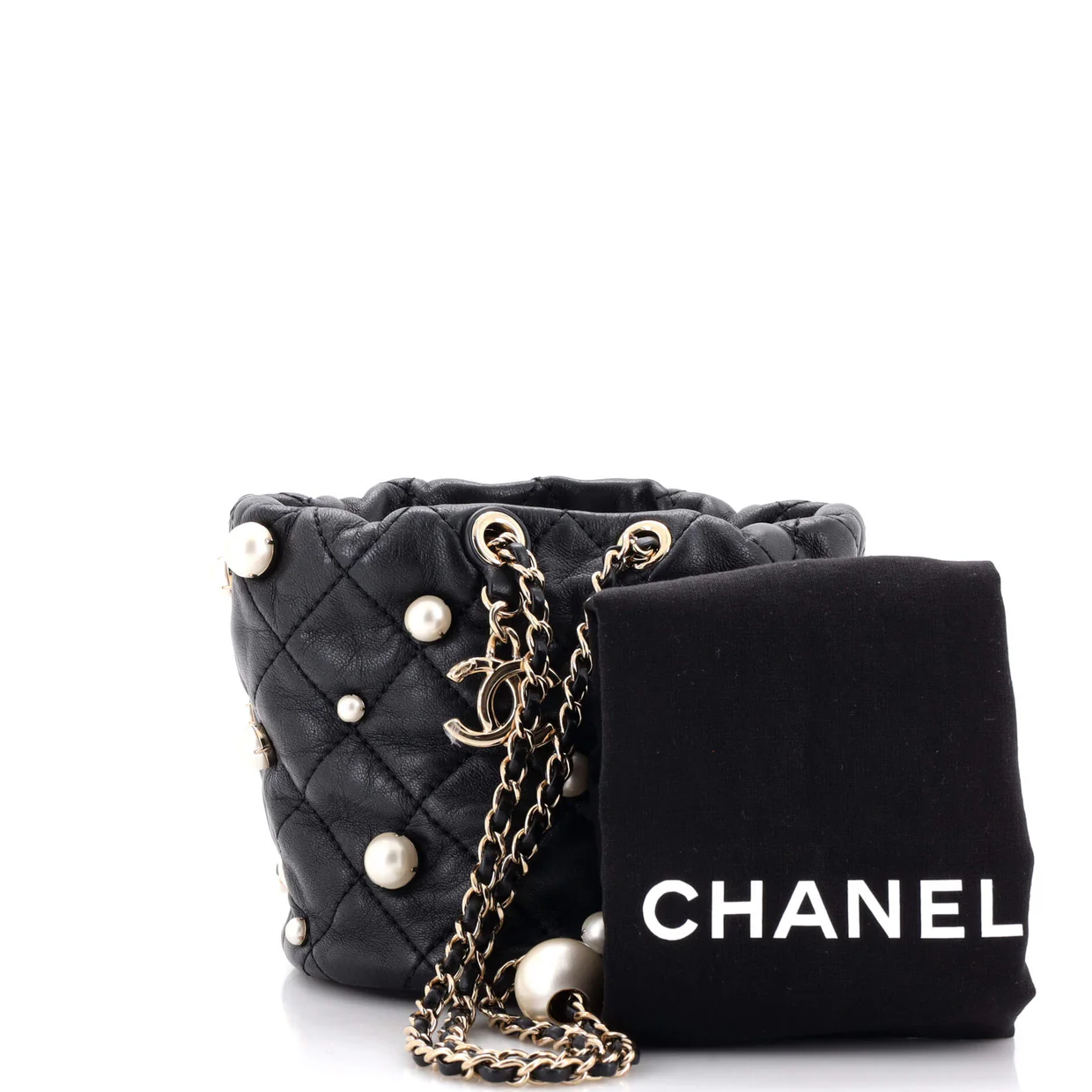 Drawstring Round Bucket Bag Pearl Embellished Quilted Lambskin Mini - Deep Luxury