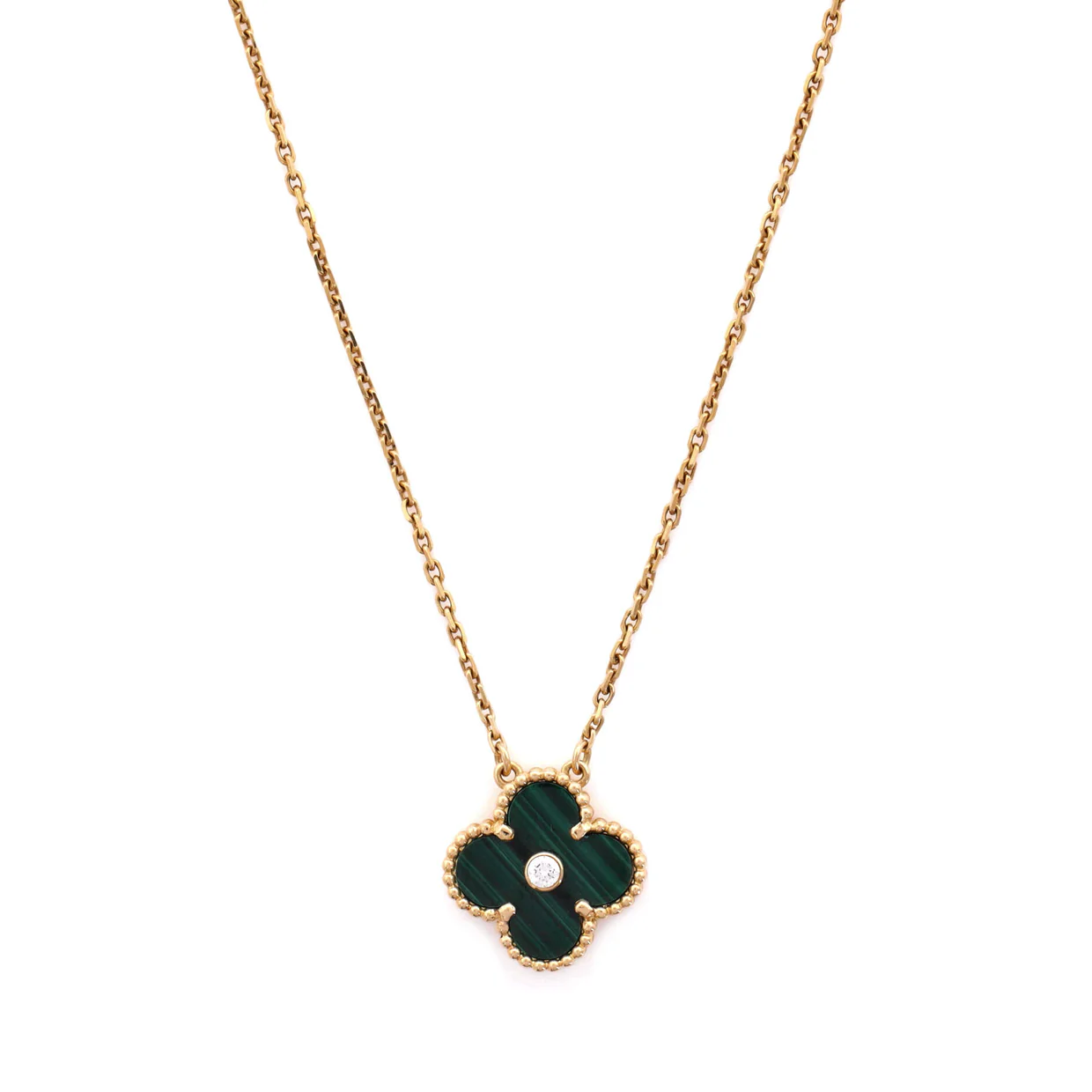 Vintage Alhambra Pendant Necklace 18K Yellow Gold and Malachite with Diamond - Deep Luxury