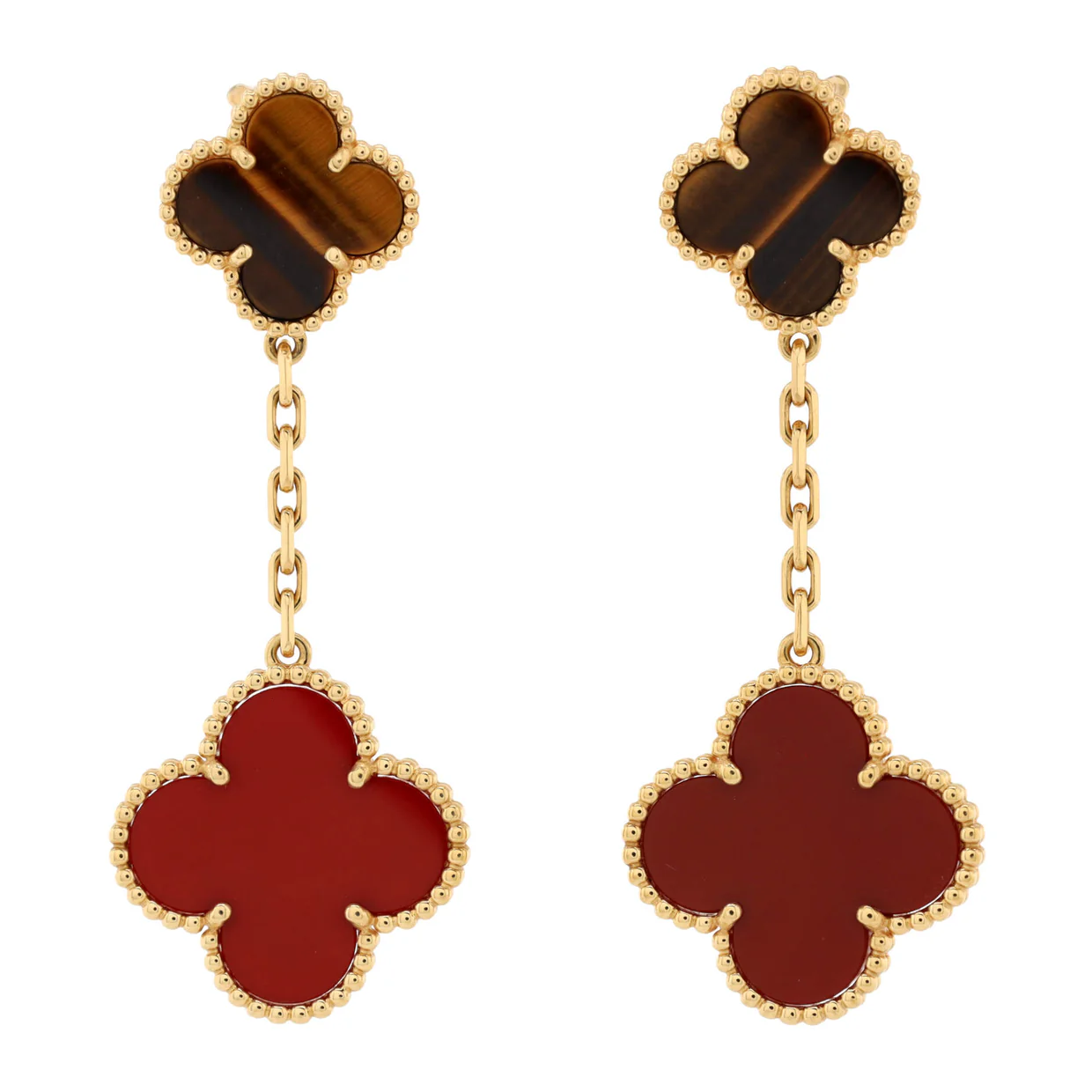Magic Alhambra 2 Motifs Drop Earrings 18K Yellow Gold with Tiger's Eye and Carnelian - Deep Luxury