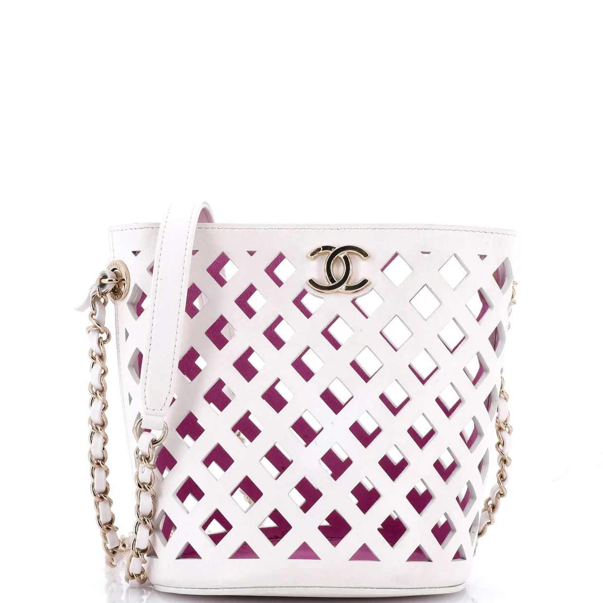 See Through Drawstring Bucket Bag Perforated Leather with Quilted Printed Canvas Small - Deep Luxury