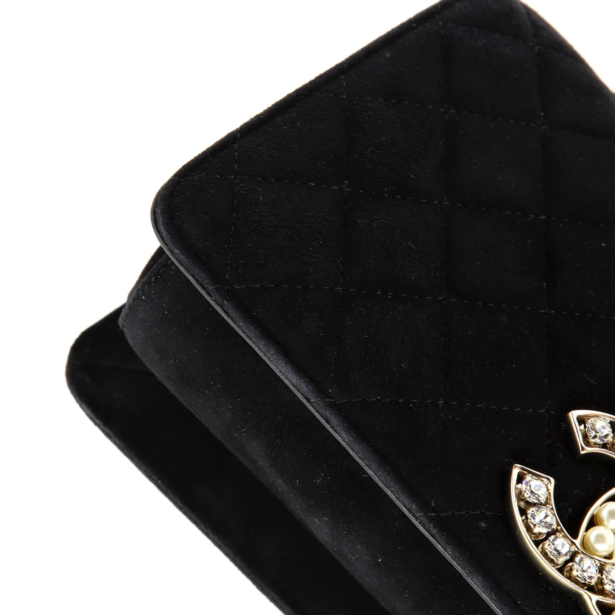 CC Chain Full Flap Bag Quilted Suede with Faux Pearls and Crystals - Deep Luxury